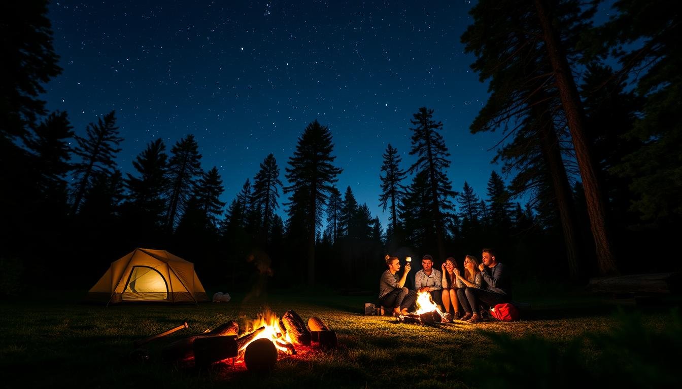 A serene campsite nestled in a lush, verdant forest, under a starry night sky. In the foreground, a warm campfire crackles, its flickering flames illuminating the cozy tents and outdoor gear. The middle ground features a group of friends gathered around the fire, laughing and toasting marshmallows, their faces aglow with the firelight. In the background, the majestic silhouettes of towering pine trees stretch up towards the heavens, framing the scene with a sense of tranquility and adventure. The overall mood is one of peaceful celebration, as the group prepares to welcome the new year in the embrace of nature. A serene campsite nestled in a lush, verdant forest, under a starry night sky. In the foreground, a warm campfire crackles, its flickering flames illuminating the cozy tents and outdoor gear. The middle ground features a group of friends gathered around the fire, laughing and toasting marshmallows, their faces aglow with the firelight. In the background, the majestic silhouettes of towering pine trees stretch up towards the heavens, framing the scene with a sense of tranquility and adventure. The overall mood is one of peaceful celebration, as the group prepares to welcome the new year in the embrace of nature.