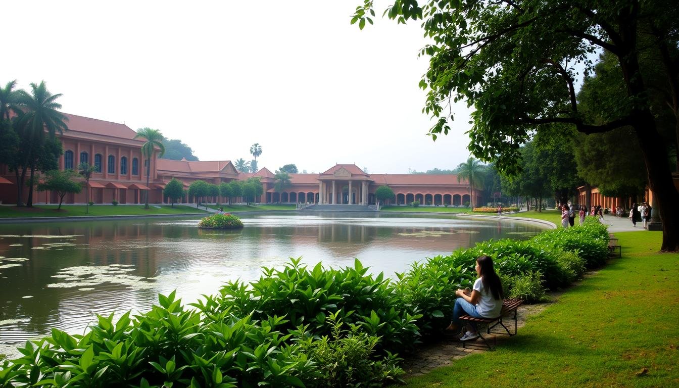 A serene campus scene at Chiang Mai University, centered around the tranquil Sirimangkalajarn Pond. The foreground features lush, verdant greenery lining the water's edge, with students leisurely strolling or sitting on benches, enjoying a moment of peaceful respite. The middle ground showcases the elegant, traditional-style buildings of the university, their muted ochre and terracotta tones complementing the natural setting. In the background, the soft, hazy silhouettes of distant mountains create a picturesque backdrop, evoking a sense of calm and contemplation. Gentle, diffused lighting bathes the entire scene, lending a warm, serene ambiance that invites the viewer to slow down and soak in the tranquil university experience. A serene campus scene at Chiang Mai University, centered around the tranquil Sirimangkalajarn Pond. The foreground features lush, verdant greenery lining the water's edge, with students leisurely strolling or sitting on benches, enjoying a moment of peaceful respite. The middle ground showcases the elegant, traditional-style buildings of the university, their muted ochre and terracotta tones complementing the natural setting. In the background, the soft, hazy silhouettes of distant mountains create a picturesque backdrop, evoking a sense of calm and contemplation. Gentle, diffused lighting bathes the entire scene, lending a warm, serene ambiance that invites the viewer to slow down and soak in the tranquil university experience.