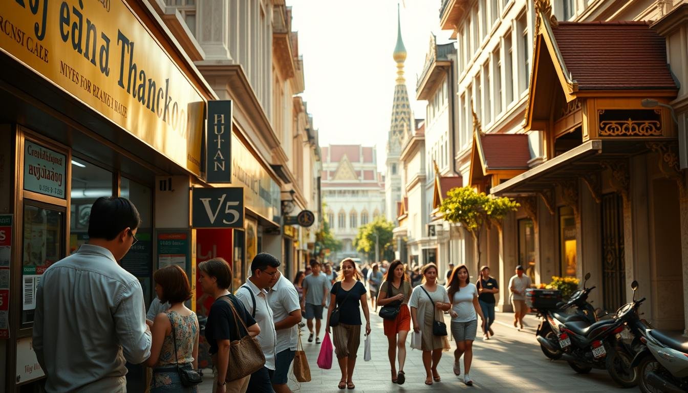 A serene city street in Bangkok, Thailand. In the foreground, a group of people exchanging money at a local currency exchange booth, their hands clasped around stacks of bills. The booth is adorned with signage displaying the exchange rates. In the middle ground, pedestrians casually stroll along the sidewalk, some carrying shopping bags. The background features the iconic architecture of Thai buildings, their vibrant colors and ornate designs reflecting the local culture. Warm, diffused sunlight illuminates the scene, creating a welcoming atmosphere. The composition conveys the practical aspects of currency exchange within the larger context of everyday life in the bustling city.
