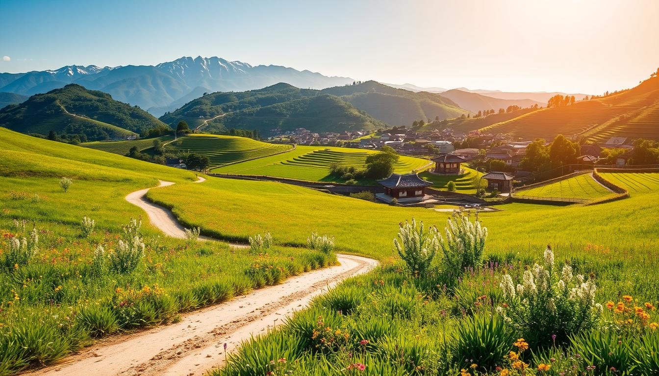 A serene countryside landscape in the outskirts of Seoul, South Korea, captured on a sunny day with a warm golden glow. In the foreground, a winding dirt path meanders through lush green fields dotted with vibrant wildflowers. Towering mountains rise majestically in the middle ground, their peaks capped with a dusting of snow. In the background, traditional Korean hanok houses and a charming village nestled amidst terraced rice paddies. The scene exudes a sense of tranquility and offers a glimpse into the natural beauty and cultural heritage of the Seoul metropolitan area. Capture this idyllic one-day getaway with a wide-angle lens to showcase the expansive scenery. A serene countryside landscape in the outskirts of Seoul, South Korea, captured on a sunny day with a warm golden glow. In the foreground, a winding dirt path meanders through lush green fields dotted with vibrant wildflowers. Towering mountains rise majestically in the middle ground, their peaks capped with a dusting of snow. In the background, traditional Korean hanok houses and a charming village nestled amidst terraced rice paddies. The scene exudes a sense of tranquility and offers a glimpse into the natural beauty and cultural heritage of the Seoul metropolitan area. Capture this idyllic one-day getaway with a wide-angle lens to showcase the expansive scenery.