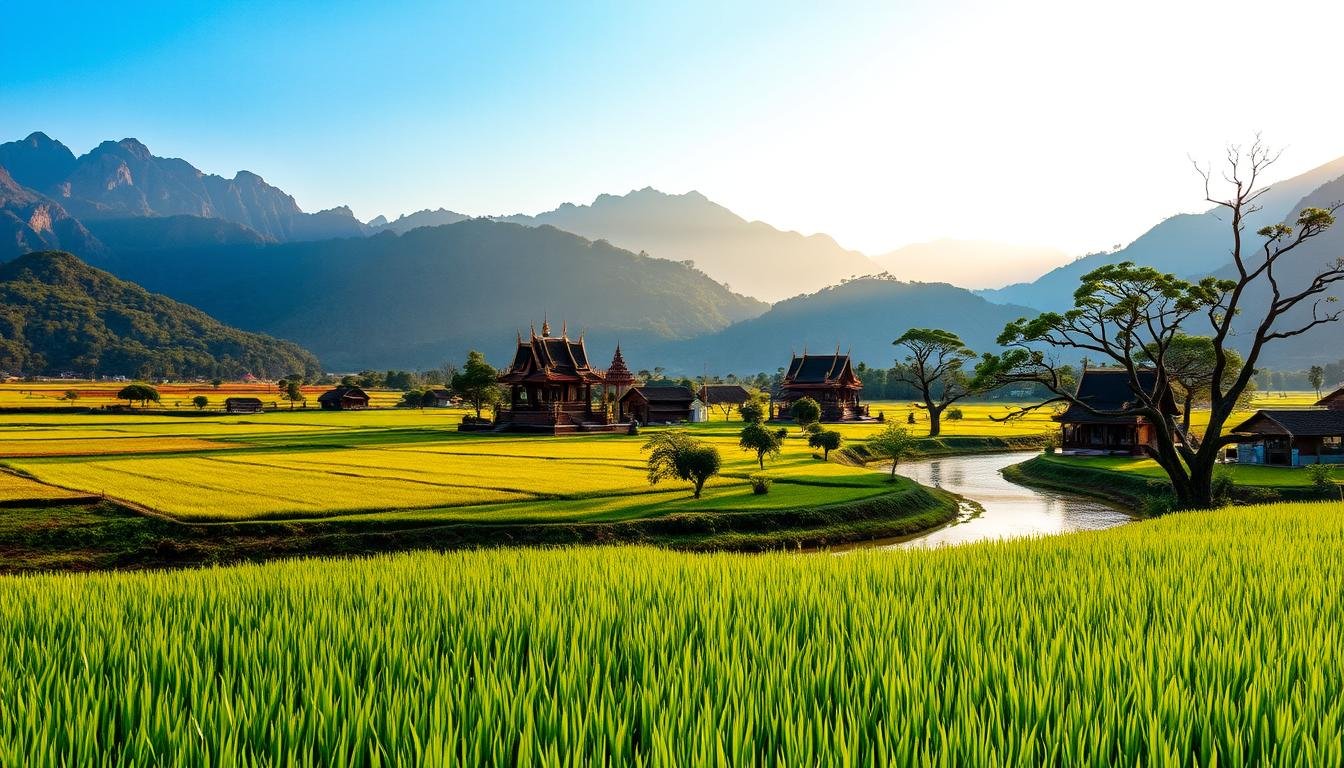 A serene countryside landscape of Chiang Mai's outskirts, bathed in warm, golden hour light. In the foreground, a lush, verdant rice paddy, its emerald hues reflecting in the still waters. Framing the scene, towering mountains rise majestically, their jagged peaks silhouetted against a hazy, azure sky. Nestled amidst the rolling hills, a traditional Thai village comes into view, its charming wooden houses and ornate temples blending seamlessly with the natural surroundings. A tranquil, winding river meanders through the idyllic setting, its banks dotted with ancient, twisted trees. The overall atmosphere exudes a sense of serenity and timelessness, inviting the viewer to immerse themselves in the beauty of Chiang Mai's enchanting rural landscapes.