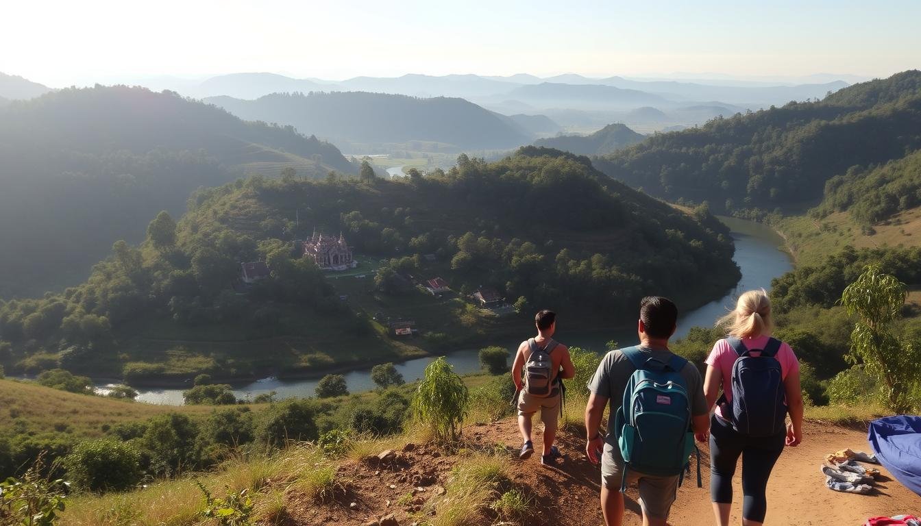 A serene countryside landscape with rolling hills, lush green forests, and a winding river. In the foreground, a group of travelers hiking along a dirt path, their backpacks and hiking gear indicating a carefree, self-guided adventure. The sun shines brightly, casting warm, soft lighting on the scene. In the middle ground, a small village with traditional Thai-style buildings and a Buddhist temple nestled among the trees. The background features distant mountain peaks, hazy and ethereal, evoking a sense of tranquility and escape. The overall atmosphere is one of safety, exploration, and the joys of independent travel. A serene countryside landscape with rolling hills, lush green forests, and a winding river. In the foreground, a group of travelers hiking along a dirt path, their backpacks and hiking gear indicating a carefree, self-guided adventure. The sun shines brightly, casting warm, soft lighting on the scene. In the middle ground, a small village with traditional Thai-style buildings and a Buddhist temple nestled among the trees. The background features distant mountain peaks, hazy and ethereal, evoking a sense of tranquility and escape. The overall atmosphere is one of safety, exploration, and the joys of independent travel.