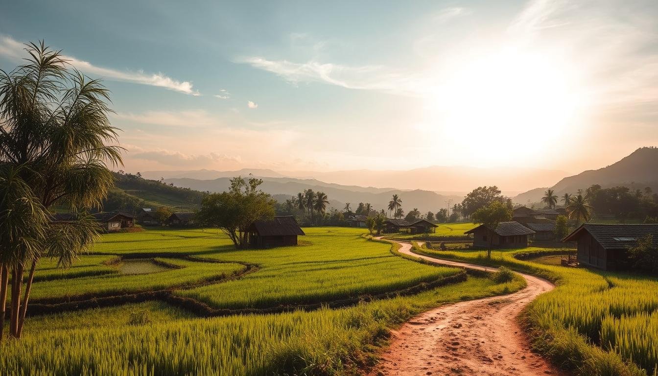 A serene countryside scene in Northern Thailand, lush with verdant rice paddies, swaying bamboo groves, and traditional wooden houses nestled among rolling hills. Warm sunlight filters through wispy clouds, casting a soft glow over the tranquil landscape. In the distance, the silhouettes of majestic mountains rise against a hazy horizon. Winding dirt paths lead through the pastoral setting, inviting one to wander and discover the unhurried pace of rural life. An atmosphere of timeless harmony and simple pleasures pervades the scene, capturing the essence of the northern Thai lifestyle.