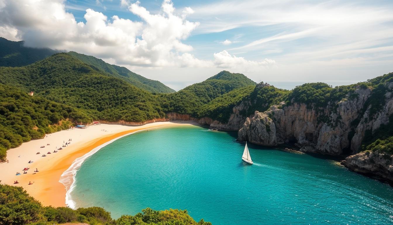 A serene crescent-shaped bay nestled along the rugged Hong Kong coastline, Shek O Beach and Deepwater Bay exude a tranquil, picturesque charm. Crystalline turquoise waters lap against golden sandy shores, framed by verdant hills dotted with lush vegetation. Sunlight filters through wispy clouds, casting a warm, ethereal glow across the scene. Beachgoers lounge on colorful towels, soaking up the idyllic atmosphere as sailboats glide across the horizon. Towering cliffs and rocky outcroppings provide a dramatic natural backdrop, creating a peaceful haven for those seeking respite from the city's bustling energy. This captivating coastal landscape offers a glimpse into Hong Kong's most beautiful and serene seaside destinations.