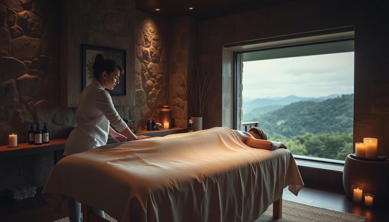 A serene, dimly lit spa room with natural stone walls and soft, indirect lighting. In the foreground, a massage therapist in a white uniform gently kneads the back of a relaxed client on a plush, heated massage table. The middle ground features an array of massage oils, towels, and soothing candles, while the background showcases a panoramic view of lush, mountainous scenery through a large window, evoking a sense of tranquility and escape. The overall atmosphere is one of luxurious, professional relaxation and wellness.