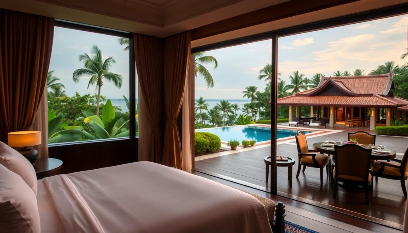 A serene, elegant hotel suite overlooking a lush, tropical garden. Soft, warm lighting casts a cozy glow, highlighting the plush, inviting bedding and richly-appointed furnishings. A private balcony offers panoramic views of a tranquil outdoor oasis, with manicured foliage and a shimmering infinity pool. In the distance, a traditional Thai restaurant invites with the tantalizing aromas of authentic, freshly-prepared cuisine, promising a refined culinary experience. The scene exudes a sense of refined luxury and relaxation, perfectly capturing the essence of a premium, immersive Thai travel experience.