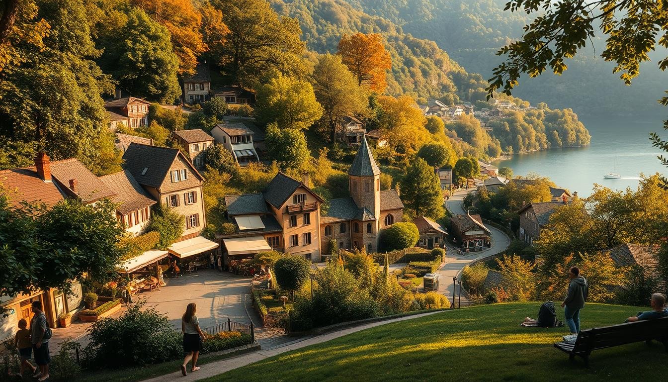 A serene hillside town nestled amidst lush foliage, with a picturesque village square flanked by quaint shops and cafés. A family of three strolls leisurely, taking in the charming atmosphere, while a lone traveler sits on a bench, quietly observing the world go by. Warm, golden light filters through the trees, casting a cozy glow over the scene. In the distance, a winding path leads to a tranquil lake, where a small boat drifts peacefully. The overall mood is one of relaxation, inviting both families and solo adventurers to explore and unwind in this idyllic retreat. A serene hillside town nestled amidst lush foliage, with a picturesque village square flanked by quaint shops and cafés. A family of three strolls leisurely, taking in the charming atmosphere, while a lone traveler sits on a bench, quietly observing the world go by. Warm, golden light filters through the trees, casting a cozy glow over the scene. In the distance, a winding path leads to a tranquil lake, where a small boat drifts peacefully. The overall mood is one of relaxation, inviting both families and solo adventurers to explore and unwind in this idyllic retreat.
