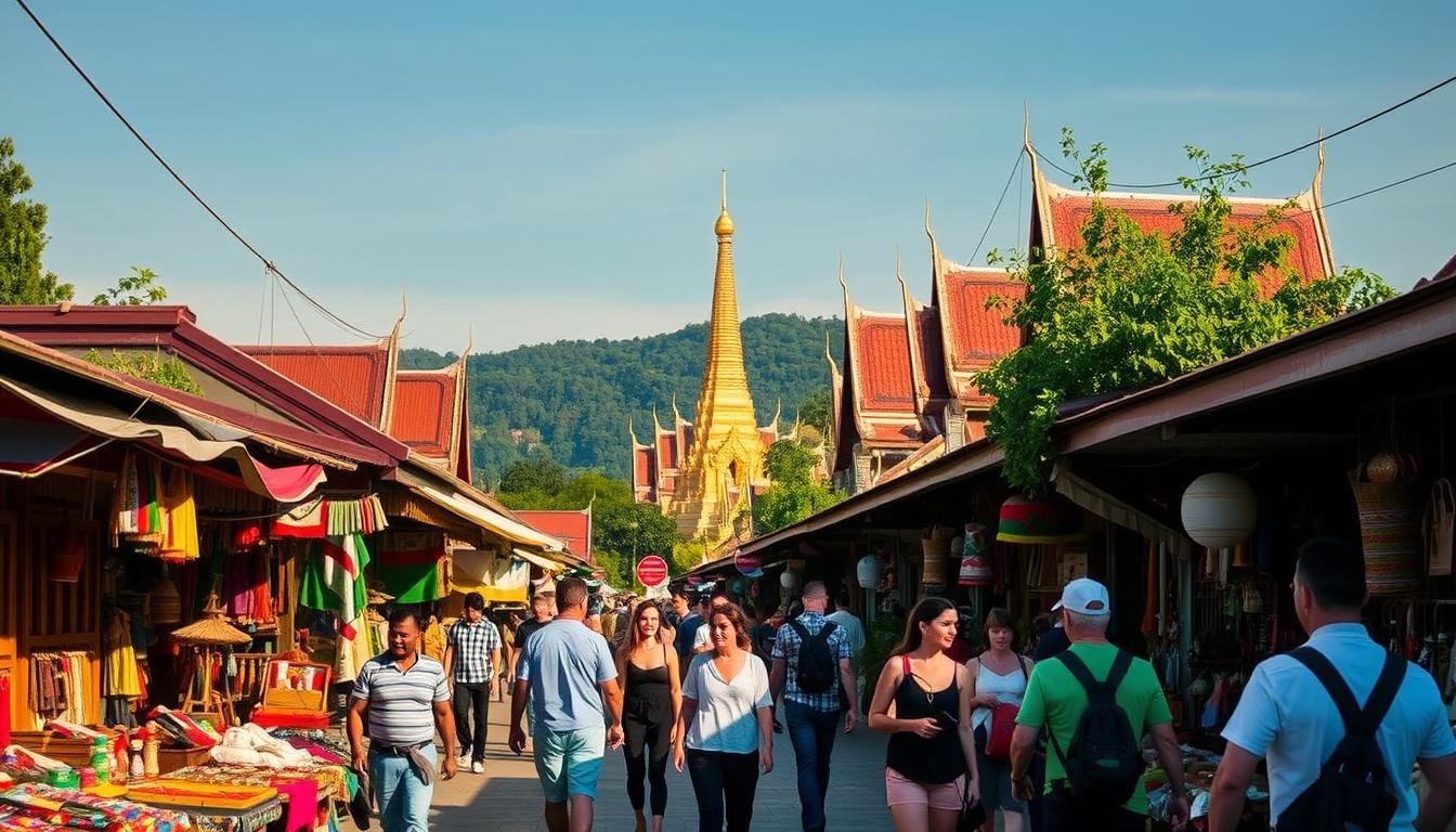 A serene landscape featuring the bustling streets of Chiang Mai, Thailand. In the foreground, a group of travelers leisurely stroll along a vibrant local market, browsing an array of colorful textiles, fragrant spices, and handcrafted souvenirs. The middle ground showcases a majestic Buddhist temple, its golden spires glimmering in the warm afternoon sunlight. In the distance, lush, verdant hills rise, creating a picturesque backdrop. The scene exudes a sense of cultural immersion and adventure, perfectly capturing the essence of a guided group tour in Chiang Mai. A serene landscape featuring the bustling streets of Chiang Mai, Thailand. In the foreground, a group of travelers leisurely stroll along a vibrant local market, browsing an array of colorful textiles, fragrant spices, and handcrafted souvenirs. The middle ground showcases a majestic Buddhist temple, its golden spires glimmering in the warm afternoon sunlight. In the distance, lush, verdant hills rise, creating a picturesque backdrop. The scene exudes a sense of cultural immersion and adventure, perfectly capturing the essence of a guided group tour in Chiang Mai.