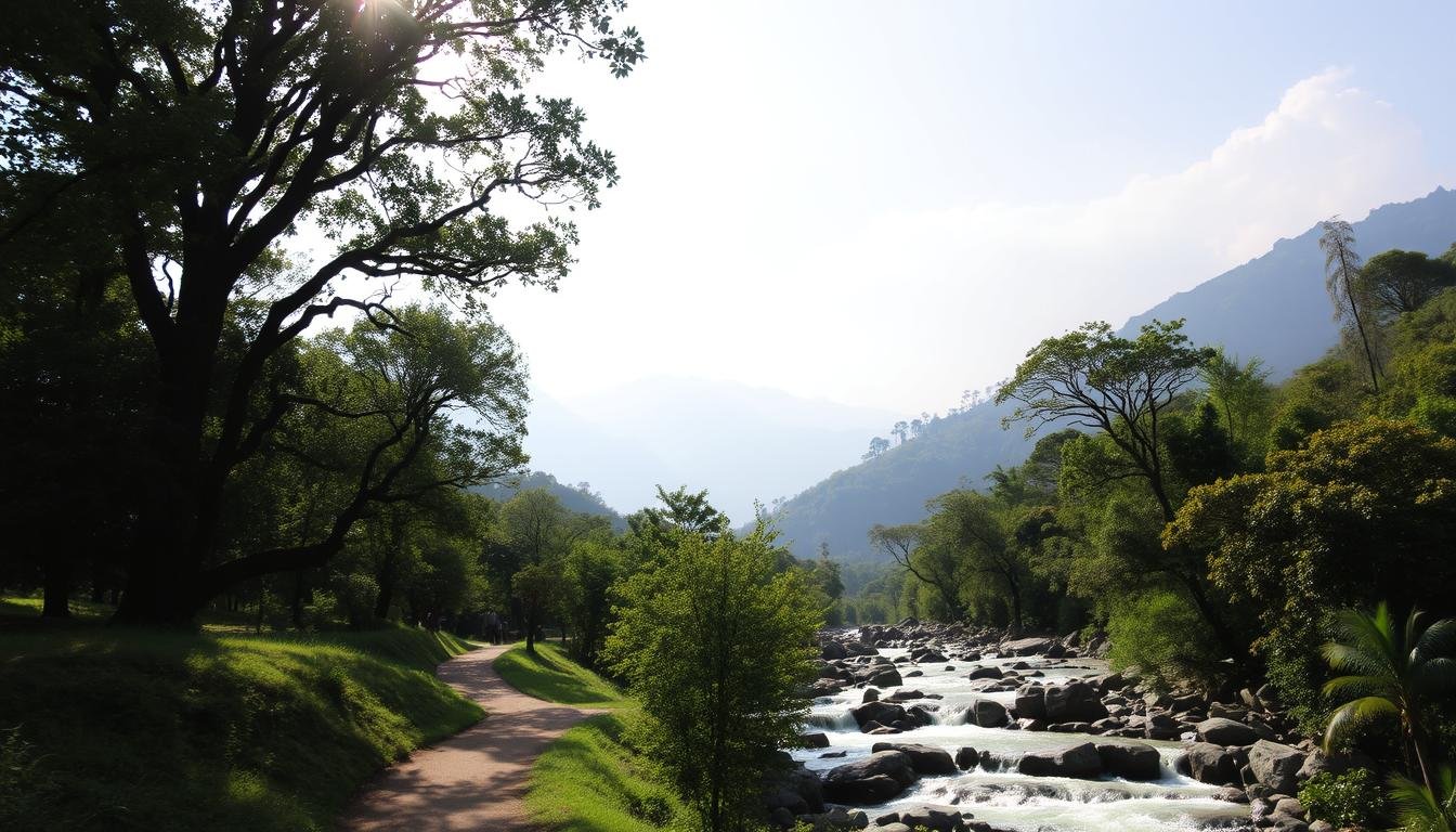 A serene landscape in Chiang Mai, Thailand. In the foreground, a lush, verdant forest with towering, ancient trees and a winding hiking trail. Dappled sunlight filters through the canopy, casting a warm, golden glow. In the middle ground, a sparkling, crystal-clear stream cascades over smooth rocks, its soothing sounds echoing through the tranquil atmosphere. Beyond, majestic, mist-shrouded mountains rise up, their peaks reaching towards the heavens. The sky is a soft, hazy blue, dotted with wispy clouds. An air of peaceful solitude and natural wonder pervades the scene, inviting the viewer to immerse themselves in the serene beauty of Chiang Mai's outdoor splendor. A serene landscape in Chiang Mai, Thailand. In the foreground, a lush, verdant forest with towering, ancient trees and a winding hiking trail. Dappled sunlight filters through the canopy, casting a warm, golden glow. In the middle ground, a sparkling, crystal-clear stream cascades over smooth rocks, its soothing sounds echoing through the tranquil atmosphere. Beyond, majestic, mist-shrouded mountains rise up, their peaks reaching towards the heavens. The sky is a soft, hazy blue, dotted with wispy clouds. An air of peaceful solitude and natural wonder pervades the scene, inviting the viewer to immerse themselves in the serene beauty of Chiang Mai's outdoor splendor.