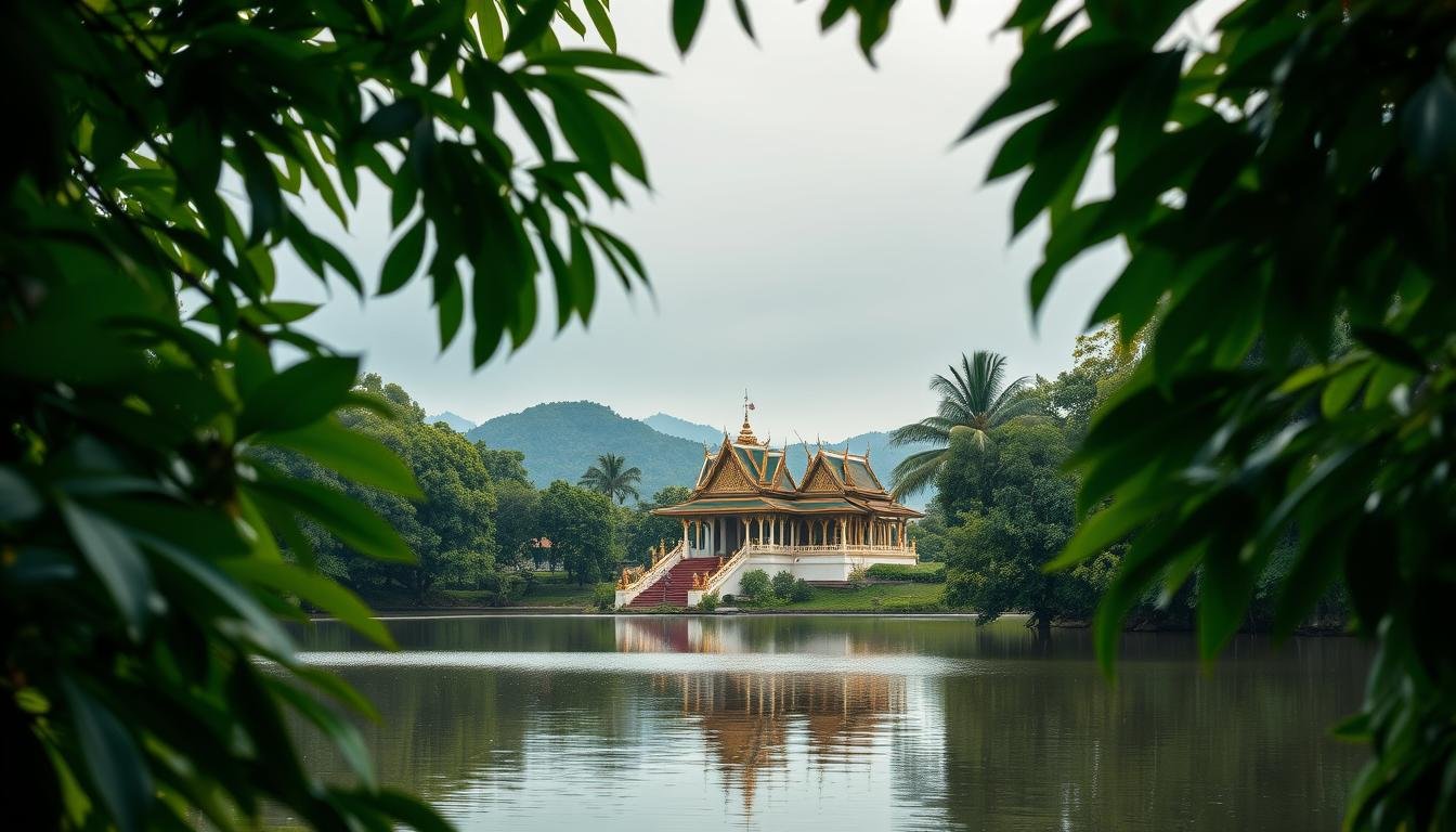 A serene landscape in the heart of Thailand, captured through the lens of a wide-angle camera. Lush tropical foliage frames the scene, with vibrant hues of green and soft, diffused lighting filtering through the canopy. In the foreground, a tranquil lake reflects the surrounding natural beauty, inviting the viewer to explore its calm waters. In the middle ground, a traditional Thai temple with ornate architecture and gilded details stands as a testament to the country's rich cultural heritage. The background is dotted with rolling hills, their silhouettes hazy in the distance, creating a sense of depth and scale. The overall atmosphere exudes a peaceful, contemplative mood, capturing the essence of a quintessential Thai travel destination.