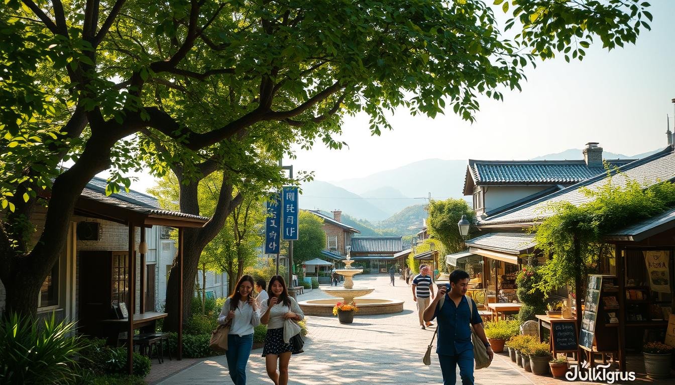 A serene landscape in the heart of a vibrant South Korean village, where a charming walking path winds through lush foliage and cozy cafes. Soft, diffused sunlight filters through the trees, casting a warm, inviting glow over the scene. In the foreground, a group of friends strolls leisurely, sipping on artisanal coffees and exploring unique local shops, their laughter and conversation adding to the relaxed atmosphere. The middle ground features a quaint village square, with traditional architecture and a central fountain that draws the eye. In the background, rolling hills and a distant horizon create a sense of depth and tranquility. The overall mood is one of quiet exploration, where the joy of discovering new experiences is palpable.