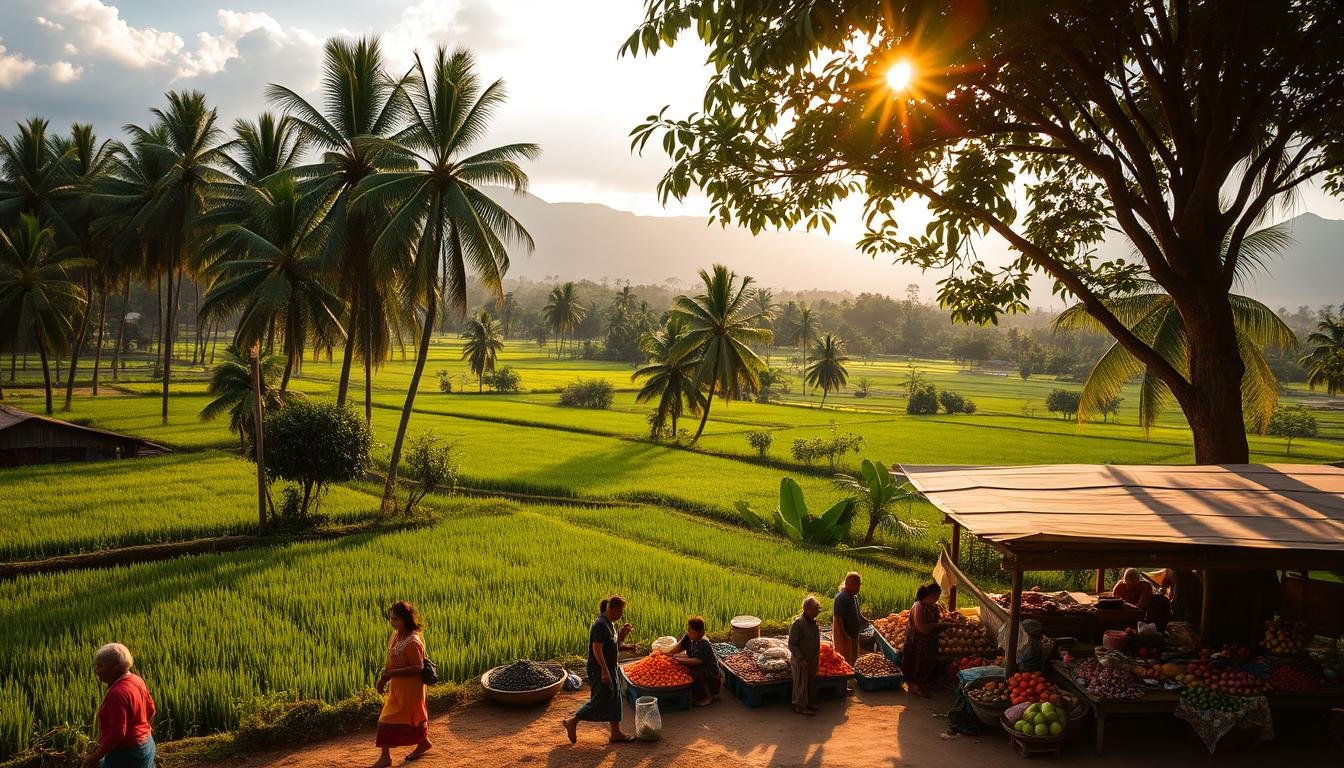 A serene landscape of lush Thai countryside, featuring verdant rice paddies, towering palm trees, and distant mountains. In the foreground, a group of local villagers going about their daily tasks, dressed in vibrant traditional garments. The mid-ground showcases a bustling marketplace, with vendors selling an array of exotic fruits, spices, and handicrafts. Warm, golden sunlight filters through the canopy, casting a soft, inviting glow over the entire scene. The overall atmosphere conveys a sense of cultural richness, tranquility, and the quintessential charm of Thailand. A serene landscape of lush Thai countryside, featuring verdant rice paddies, towering palm trees, and distant mountains. In the foreground, a group of local villagers going about their daily tasks, dressed in vibrant traditional garments. The mid-ground showcases a bustling marketplace, with vendors selling an array of exotic fruits, spices, and handicrafts. Warm, golden sunlight filters through the canopy, casting a soft, inviting glow over the entire scene. The overall atmosphere conveys a sense of cultural richness, tranquility, and the quintessential charm of Thailand.