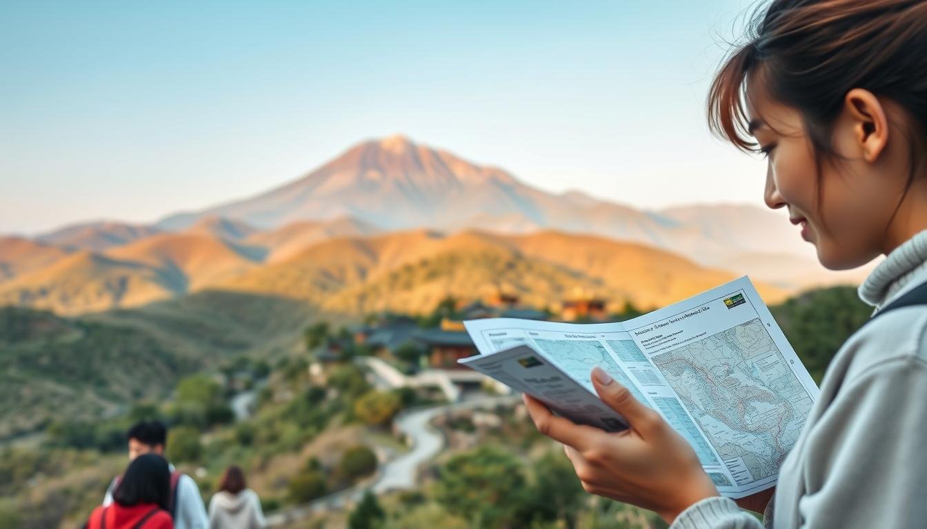 A serene landscape showcasing a well-planned travel itinerary. In the foreground, a group of people examining a map, their faces lit by soft, natural lighting. The middle ground features a winding path leading towards a picturesque Korean village, with traditional hanok houses and temples nestled among lush, verdant hills. In the background, a majestic mountain range rises, bathed in warm, golden hues. The overall composition conveys a sense of anticipation, exploration, and the joy of discovering new destinations through careful planning and open-minded curiosity. A serene landscape showcasing a well-planned travel itinerary. In the foreground, a group of people examining a map, their faces lit by soft, natural lighting. The middle ground features a winding path leading towards a picturesque Korean village, with traditional hanok houses and temples nestled among lush, verdant hills. In the background, a majestic mountain range rises, bathed in warm, golden hues. The overall composition conveys a sense of anticipation, exploration, and the joy of discovering new destinations through careful planning and open-minded curiosity.