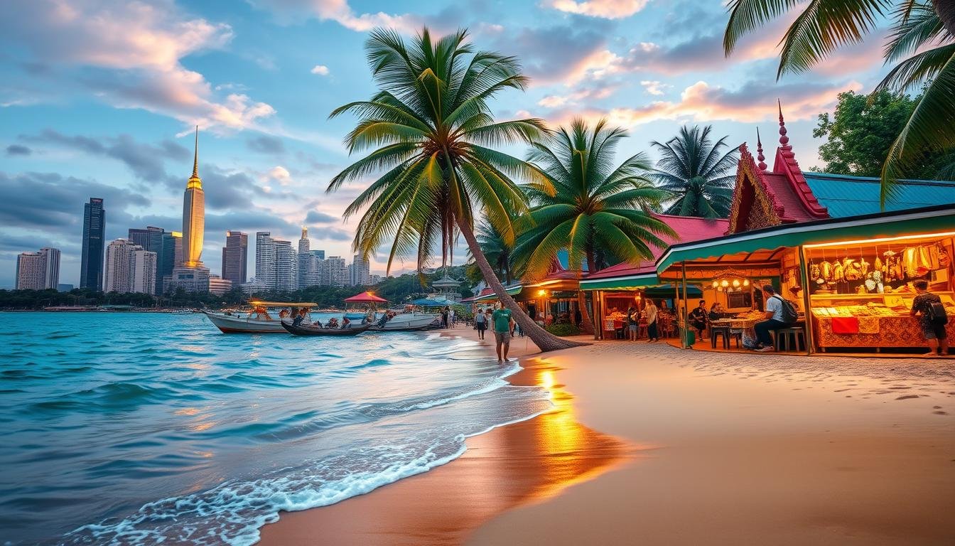 A serene landscape showcasing the beauty and diversity of Thailand's travel experiences. In the foreground, a picturesque beach with crystal-clear turquoise waters lapping gently against the golden sands. Swaying palm trees provide a lush, tropical backdrop. In the middle ground, a vibrant night market bustles with local vendors offering an array of authentic Thai cuisine, handicrafts, and cultural wares. The background features the iconic skyline of Bangkok, with its gleaming high-rises and towering temples bathed in warm, golden light. The scene conveys a sense of tranquility, adventure, and cultural immersion, capturing the essence of the ultimate Thai travel itinerary. A serene landscape showcasing the beauty and diversity of Thailand's travel experiences. In the foreground, a picturesque beach with crystal-clear turquoise waters lapping gently against the golden sands. Swaying palm trees provide a lush, tropical backdrop. In the middle ground, a vibrant night market bustles with local vendors offering an array of authentic Thai cuisine, handicrafts, and cultural wares. The background features the iconic skyline of Bangkok, with its gleaming high-rises and towering temples bathed in warm, golden light. The scene conveys a sense of tranquility, adventure, and cultural immersion, capturing the essence of the ultimate Thai travel itinerary.