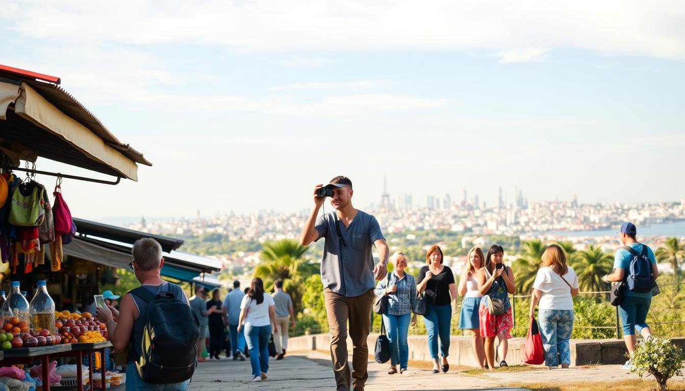 A serene landscape showcasing the comparison between independent travel and group tours. In the foreground, a solo traveler exploring a vibrant local market, immersed in the sights, sounds, and flavors of the destination. In the middle ground, a guided tour group follows a local guide, capturing the experience through their cameras. The background depicts a picturesque city skyline, hinting at the diverse opportunities and experiences available to both independent and group travelers. The scene is bathed in warm, natural lighting, creating a welcoming and inviting atmosphere that captures the essence of the travel experience. The overall composition emphasizes the contrasting approaches to experiencing a destination, allowing the viewer to appreciate the nuances and considerations between self-guided and organized group travel. A serene landscape showcasing the comparison between independent travel and group tours. In the foreground, a solo traveler exploring a vibrant local market, immersed in the sights, sounds, and flavors of the destination. In the middle ground, a guided tour group follows a local guide, capturing the experience through their cameras. The background depicts a picturesque city skyline, hinting at the diverse opportunities and experiences available to both independent and group travelers. The scene is bathed in warm, natural lighting, creating a welcoming and inviting atmosphere that captures the essence of the travel experience. The overall composition emphasizes the contrasting approaches to experiencing a destination, allowing the viewer to appreciate the nuances and considerations between self-guided and organized group travel.
