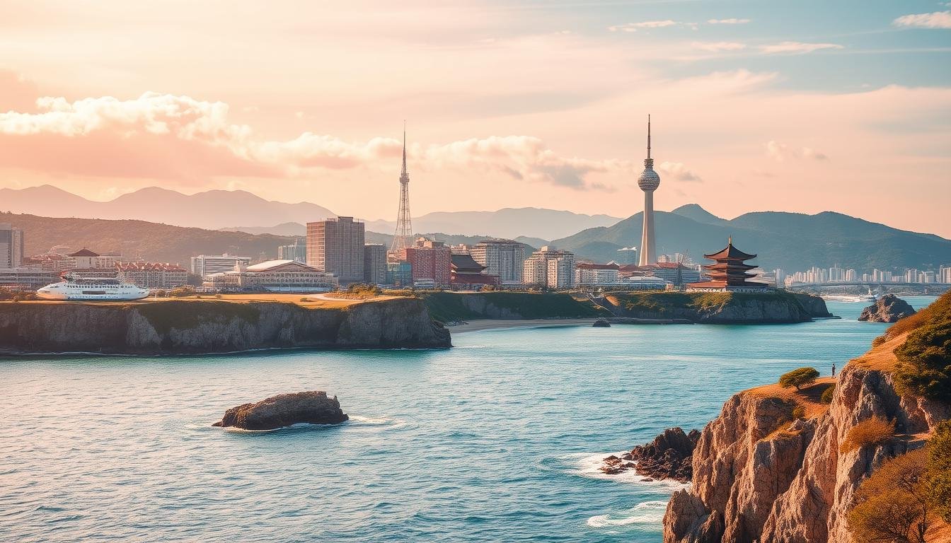 A serene landscape showcasing the diverse beauty of South Korea's premier destinations - Seoul, Busan, and Jeju. In the foreground, a stunning coastal vista with azure waters and picturesque cliffs. The middle ground features iconic landmarks like the Haeundae Beach in Busan and the Namsan Tower in Seoul, set against a backdrop of lush mountains and vibrant cityscapes. Soft, golden sunlight filters through wispy clouds, creating a warm, inviting atmosphere. The composition captures the essence of Korea's most popular summer vacation spots, brimming with cultural richness and photogenic appeal. A breathtaking visual representation of the ultimate Korean summer travel experience.