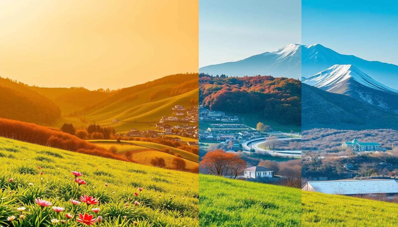 A serene landscape showcasing the four seasons of Korea, with a focus on the monthly variations in temperature and their impact on travel. A lush springtime meadow in the foreground, with vibrant wildflowers and a gentle breeze. The middle ground features a picturesque village nestled between rolling hills, bathed in the warm glow of summer. In the distance, the landscape transforms into a vibrant autumn forest, its leaves ablaze with rich, fiery hues. Finally, the background is dominated by a snowy, winter wonderland, with a majestic mountain range looming over the scene. The lighting captures the subtle shifts in mood and atmosphere throughout the year, creating a captivating and informative illustration of Korea's diverse climates and their implications for the ideal travel experience. A serene landscape showcasing the four seasons of Korea, with a focus on the monthly variations in temperature and their impact on travel. A lush springtime meadow in the foreground, with vibrant wildflowers and a gentle breeze. The middle ground features a picturesque village nestled between rolling hills, bathed in the warm glow of summer. In the distance, the landscape transforms into a vibrant autumn forest, its leaves ablaze with rich, fiery hues. Finally, the background is dominated by a snowy, winter wonderland, with a majestic mountain range looming over the scene. The lighting captures the subtle shifts in mood and atmosphere throughout the year, creating a captivating and informative illustration of Korea's diverse climates and their implications for the ideal travel experience.