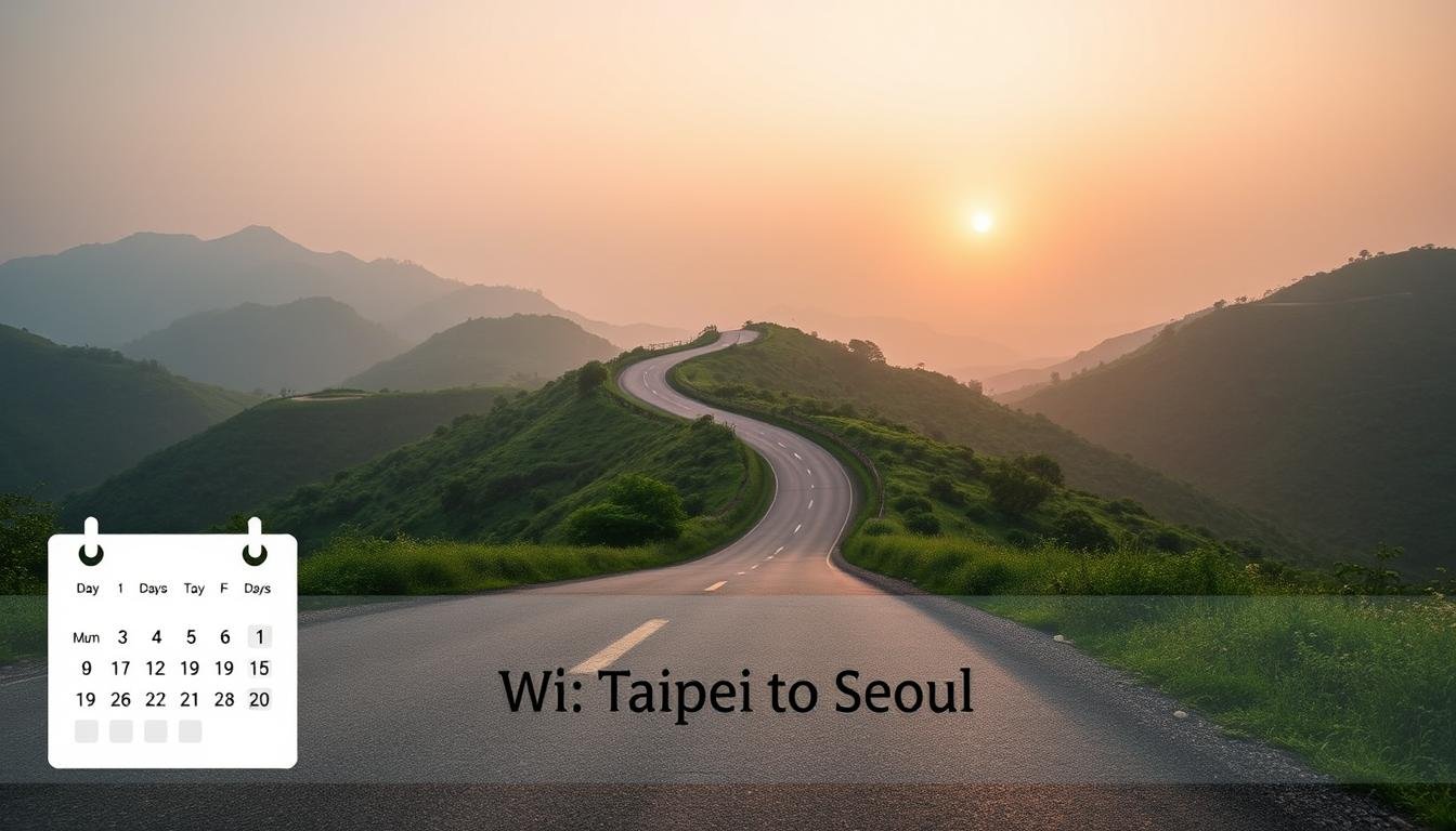 A serene landscape with a winding road leading through lush, verdant hills, reflecting the journey of a Taipei to Seoul trip. In the foreground, a minimalist calendar graphic displays different travel durations - 3 days, 4 days, 6 days, and 8 days - showcasing the versatility of the itinerary. The middle ground features a pair of suitcases, hinting at the preparation required for the trip. The background is dominated by a hazy, atmospheric sunset, casting a warm, contemplative glow over the entire scene. The lighting is soft and diffused, creating a sense of tranquility and introspection. The camera angle is slightly elevated, providing a panoramic view that conveys the scope and scale of the journey. A serene landscape with a winding road leading through lush, verdant hills, reflecting the journey of a Taipei to Seoul trip. In the foreground, a minimalist calendar graphic displays different travel durations - 3 days, 4 days, 6 days, and 8 days - showcasing the versatility of the itinerary. The middle ground features a pair of suitcases, hinting at the preparation required for the trip. The background is dominated by a hazy, atmospheric sunset, casting a warm, contemplative glow over the entire scene. The lighting is soft and diffused, creating a sense of tranquility and introspection. The camera angle is slightly elevated, providing a panoramic view that conveys the scope and scale of the journey.