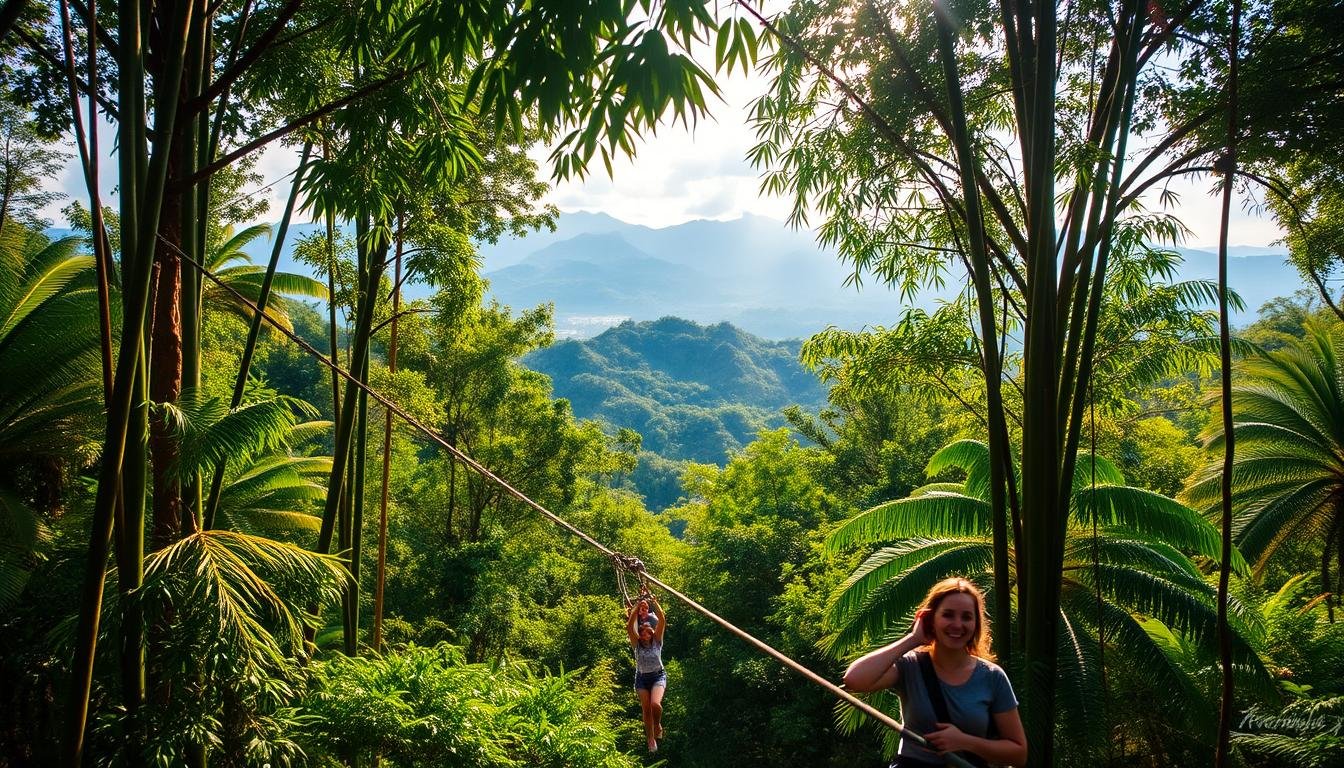 A serene, lush jungle in Chiang Mai, Thailand, with towering bamboo groves and verdant foliage. A thrilling zipline course weaves through the canopy, offering a bird's-eye view of the tropical landscape. Shafts of warm, golden sunlight filter through the leaves, casting a magical glow over the scene. In the foreground, a group of adventurous travelers soar through the air, their expressions filled with awe and exhilaration. The background is a tapestry of rugged, rolling hills and distant mountain peaks, creating a breathtaking panorama. The atmosphere is one of tranquility and excitement, perfectly capturing the essence of the "Deep Experiences and Travel Activities" section of the Chiang Mai travel guide.