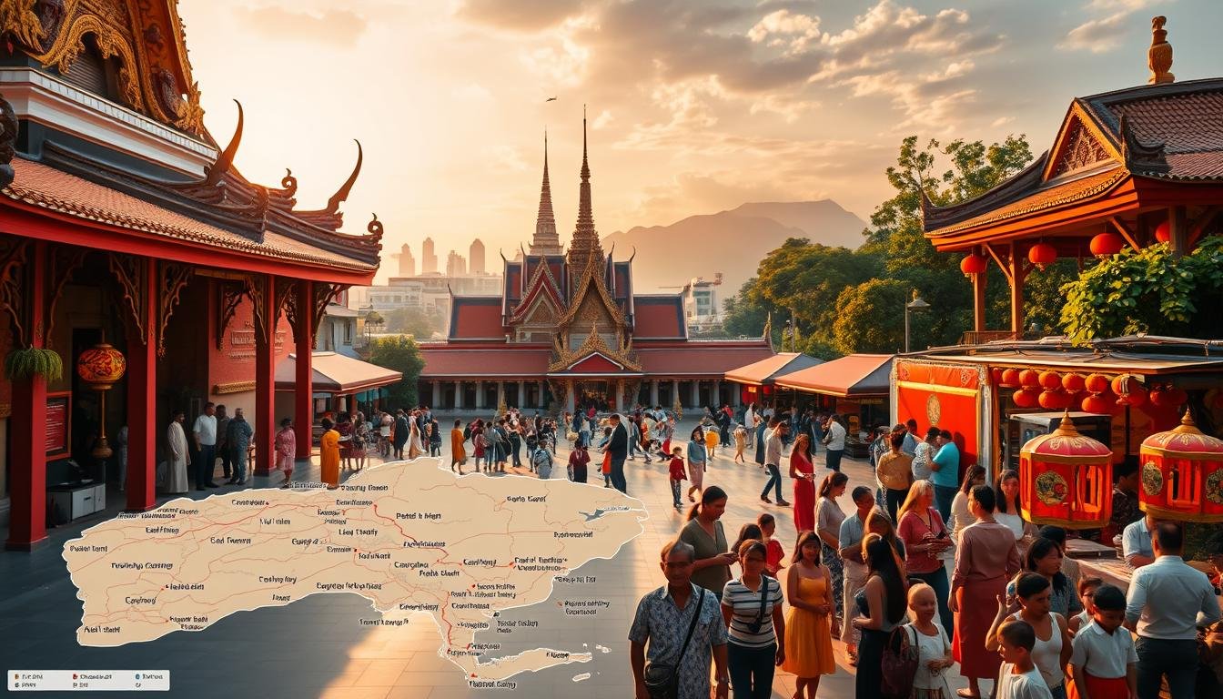 A serene morning in a bustling Thai city, with vibrant colors and intricate architectural details. A group of local residents and tourists gather in a historic temple courtyard, engaged in traditional new year rituals and celebrations. Warm, soft lighting illuminates the scene, casting a tranquil glow over the proceedings. In the foreground, a detailed map outlines optimal travel itineraries and highlights key cultural landmarks. The middle ground features dynamic crowds interacting with vendors and performers, while the background showcases the city's iconic skyline and lush, verdant surroundings. An atmospheric, immersive depiction of the ideal Thai new year travel experience.