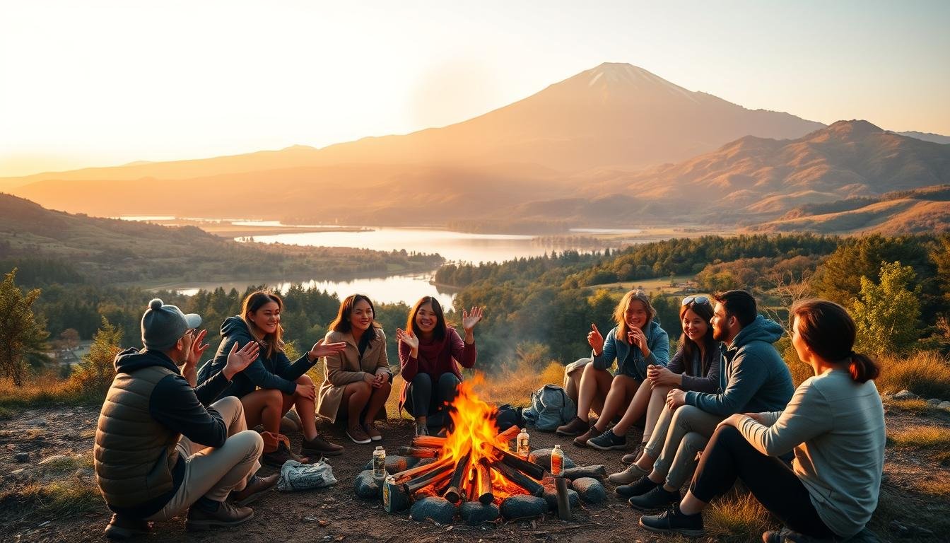 A serene outdoor scene featuring a group of people enthusiastically sharing their experiences and success stories about their recent Japan trip. In the foreground, a diverse group of travelers sit around a cozy campfire, gesturing excitedly as they recount their adventures. The middle ground showcases a picturesque landscape with rolling hills, lush greenery, and a tranquil lake reflecting the warm sunset. The background is dominated by a majestic mountain range bathed in golden hues, creating a peaceful and inspirational atmosphere. The lighting is soft and natural, with subtle shadows and highlights emphasizing the camaraderie and joy of the shared moments. The overall composition conveys a sense of community, satisfaction, and the lasting impact of a memorable Japan travel experience.