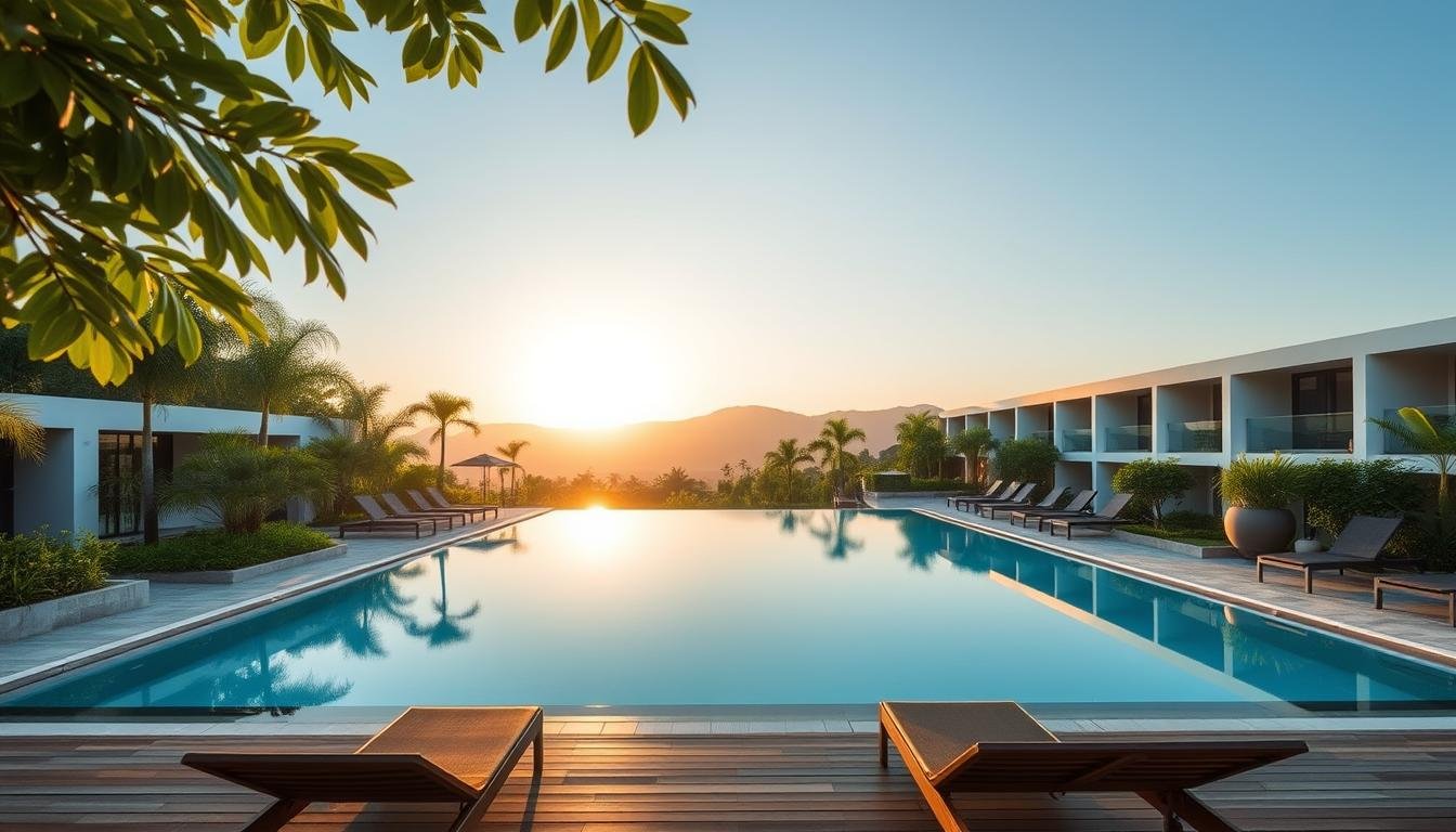 A serene outdoor swimming pool nestled amidst lush tropical greenery, surrounded by a modern, minimalist hotel complex. The crystal-clear azure waters reflect the warm, golden hues of the sun, creating a tranquil and inviting atmosphere. Comfortable lounge chairs line the pool deck, inviting guests to relax and soak in the picturesque Chiang Mai scenery. The hotel's sleek, contemporary architecture seamlessly blends with the natural landscape, offering a luxurious and rejuvenating experience for visitors. Soft, diffused lighting illuminates the scene, creating a peaceful and serene ambiance perfect for an idyllic tropical getaway. A serene outdoor swimming pool nestled amidst lush tropical greenery, surrounded by a modern, minimalist hotel complex. The crystal-clear azure waters reflect the warm, golden hues of the sun, creating a tranquil and inviting atmosphere. Comfortable lounge chairs line the pool deck, inviting guests to relax and soak in the picturesque Chiang Mai scenery. The hotel's sleek, contemporary architecture seamlessly blends with the natural landscape, offering a luxurious and rejuvenating experience for visitors. Soft, diffused lighting illuminates the scene, creating a peaceful and serene ambiance perfect for an idyllic tropical getaway.