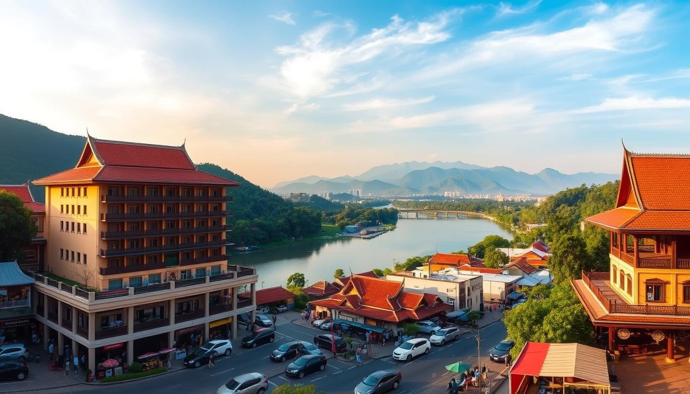 A serene panoramic view of Chiang Mai's cityscape, nestled amidst verdant hills and a tranquil river. In the foreground, an elegant hotel with traditional Thai-inspired architecture stands prominently, its warm-toned facade reflecting the golden afternoon sunlight. The middle ground features bustling streets lined with vibrant shops, restaurants, and local markets, capturing the lively energy of the city. In the distant background, the iconic Doi Suthep mountain range rises majestically, its peaks capped with wispy clouds. The overall scene exudes a sense of authentic Thai hospitality and cultural immersion, inviting the viewer to explore the city's diverse accommodations and experiences. A serene panoramic view of Chiang Mai's cityscape, nestled amidst verdant hills and a tranquil river. In the foreground, an elegant hotel with traditional Thai-inspired architecture stands prominently, its warm-toned facade reflecting the golden afternoon sunlight. The middle ground features bustling streets lined with vibrant shops, restaurants, and local markets, capturing the lively energy of the city. In the distant background, the iconic Doi Suthep mountain range rises majestically, its peaks capped with wispy clouds. The overall scene exudes a sense of authentic Thai hospitality and cultural immersion, inviting the viewer to explore the city's diverse accommodations and experiences.
