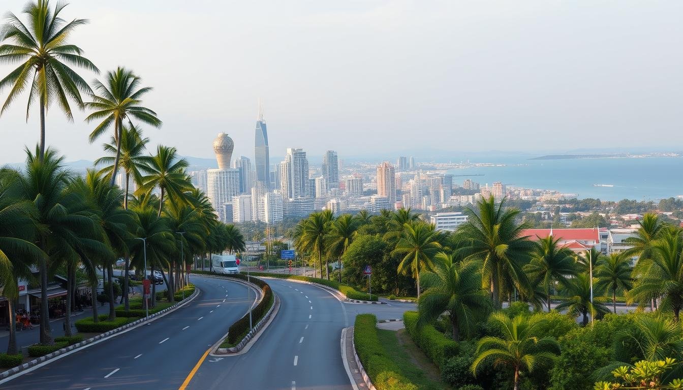 A serene panoramic view of the travel route through Bangkok and Pattaya, Thailand. In the foreground, a winding road lined with lush palm trees and vibrant shops, leading towards the iconic Pattaya beachfront. In the middle ground, towering skyscrapers and bustling city streets of Bangkok, captured in a soft, golden hour light. In the background, a picturesque coastline with sparkling azure waters and distant islands. The scene exudes a sense of tranquility and adventure, inviting the viewer to embark on an immersive Thai travel experience. A serene panoramic view of the travel route through Bangkok and Pattaya, Thailand. In the foreground, a winding road lined with lush palm trees and vibrant shops, leading towards the iconic Pattaya beachfront. In the middle ground, towering skyscrapers and bustling city streets of Bangkok, captured in a soft, golden hour light. In the background, a picturesque coastline with sparkling azure waters and distant islands. The scene exudes a sense of tranquility and adventure, inviting the viewer to embark on an immersive Thai travel experience.