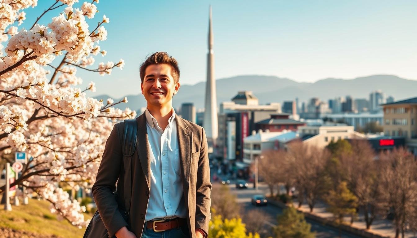 A serene scene depicting the cost differences between peak and off-peak seasons for a 5-day trip to Osaka. In the foreground, a well-dressed traveler stands amidst the vibrant cherry blossoms of spring, their expression reflecting the joy of an affordable getaway. In the middle ground, the bustling streets of Osaka's city center come into view, showcasing the lively atmosphere during the high season. Contrasting this, the background reveals the quieter, more tranquil cityscape of Osaka during the low season, with fewer crowds and more manageable costs. The image is bathed in warm, golden lighting, conveying the sense of a comfortable and stress-free vacation, regardless of the time of year.