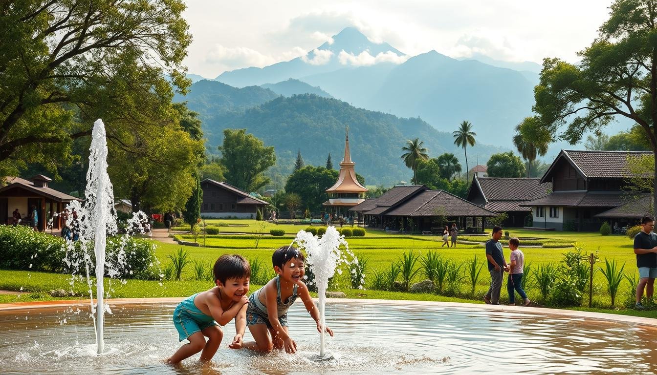 A serene scene of Chiang Mai family travel attractions, captured with a wide-angle lens. In the foreground, children explore an interactive water fountain, their laughter echoing through the verdant landscape. The middle ground features a picturesque village with traditional Lanna-style architecture, locals going about their daily lives. In the background, the majestic Doi Suthep mountain range rises, its peaks touched by soft, diffused sunlight filtering through wispy clouds. The overall atmosphere exudes a sense of tranquility and wonder, inviting families to immerse themselves in the rich cultural tapestry of Northern Thailand.