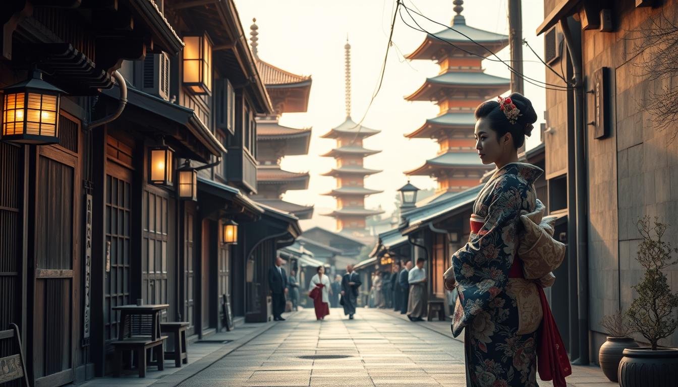 A serene scene of Kyoto's traditional culture unfolds before the viewer. In the foreground, a geisha in an ornate kimono strolls gracefully through a picturesque alleyway, her every movement exuding elegance and poise. Wooden machiya townhouses line the street, their weathered facades and lantern-lit windows evoking a timeless atmosphere. In the middle ground, a group of kimono-clad locals engage in a traditional tea ceremony, their tranquil expressions mirroring the calm ambiance. Towering pagodas and shrines rise in the background, their ornate architectural details bathed in warm, golden light that filters through the hazy sky. The overall scene conveys the essence of Kyoto's centuries-old cultural heritage, inviting the viewer to step into a serene and enchanting world.