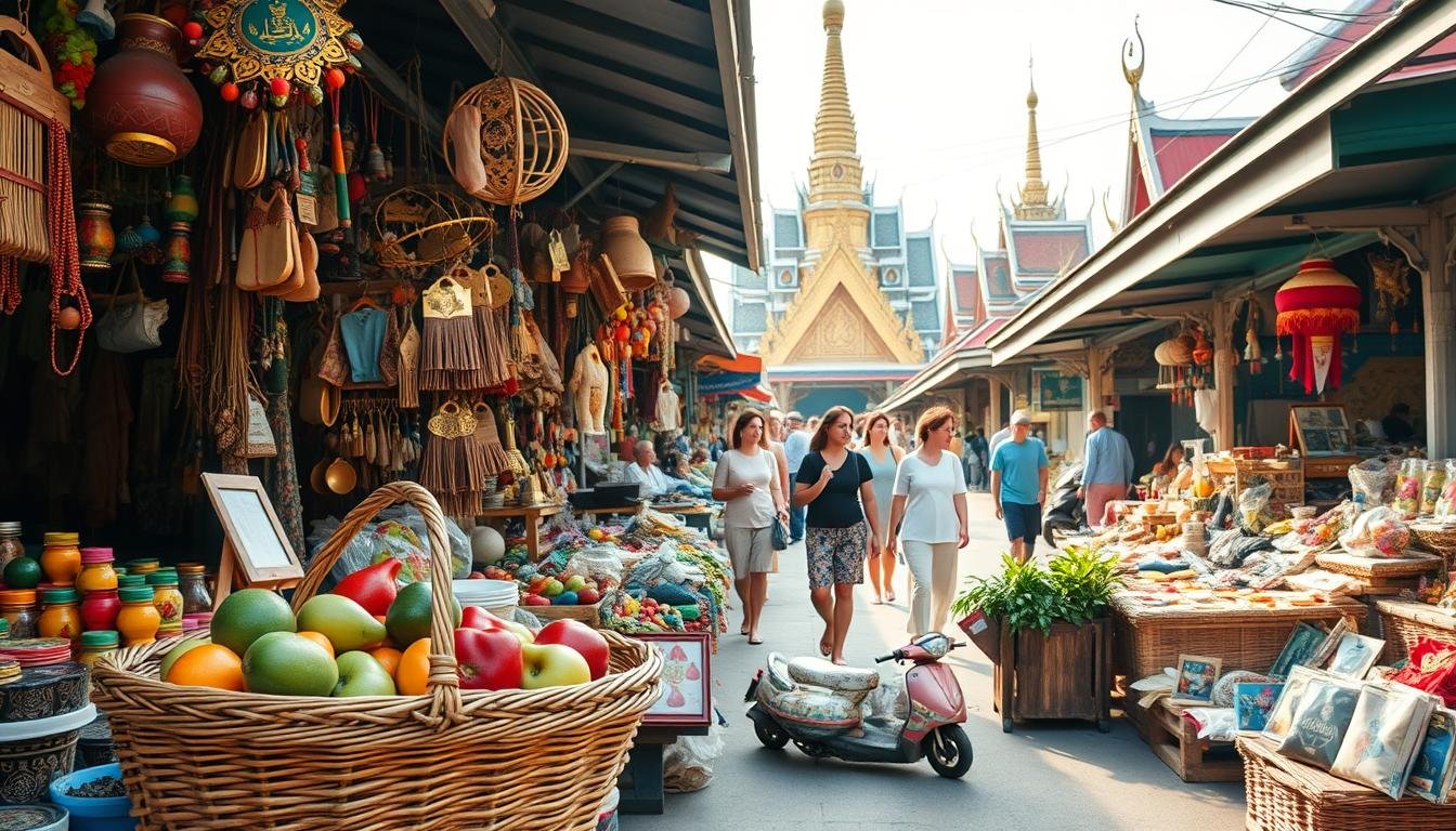 A serene scene of a Thai street market, with vibrant stalls and vendors selling an array of local goods and trinkets. The foreground features a woven basket filled with colorful fruits and vegetables, surrounded by a diverse assortment of handcrafted souvenirs and keepsakes. In the middle ground, a group of shoppers browse the stalls, immersed in the bustling atmosphere. The background showcases the iconic Thai architecture, with ornate temples and traditional buildings framing the scene. The lighting is soft and natural, casting a warm, golden glow over the entire tableau. The overall mood is one of cultural immersion, highlighting the essential expenses and experiences of a Thai free and independent travel journey. A serene scene of a Thai street market, with vibrant stalls and vendors selling an array of local goods and trinkets. The foreground features a woven basket filled with colorful fruits and vegetables, surrounded by a diverse assortment of handcrafted souvenirs and keepsakes. In the middle ground, a group of shoppers browse the stalls, immersed in the bustling atmosphere. The background showcases the iconic Thai architecture, with ornate temples and traditional buildings framing the scene. The lighting is soft and natural, casting a warm, golden glow over the entire tableau. The overall mood is one of cultural immersion, highlighting the essential expenses and experiences of a Thai free and independent travel journey.