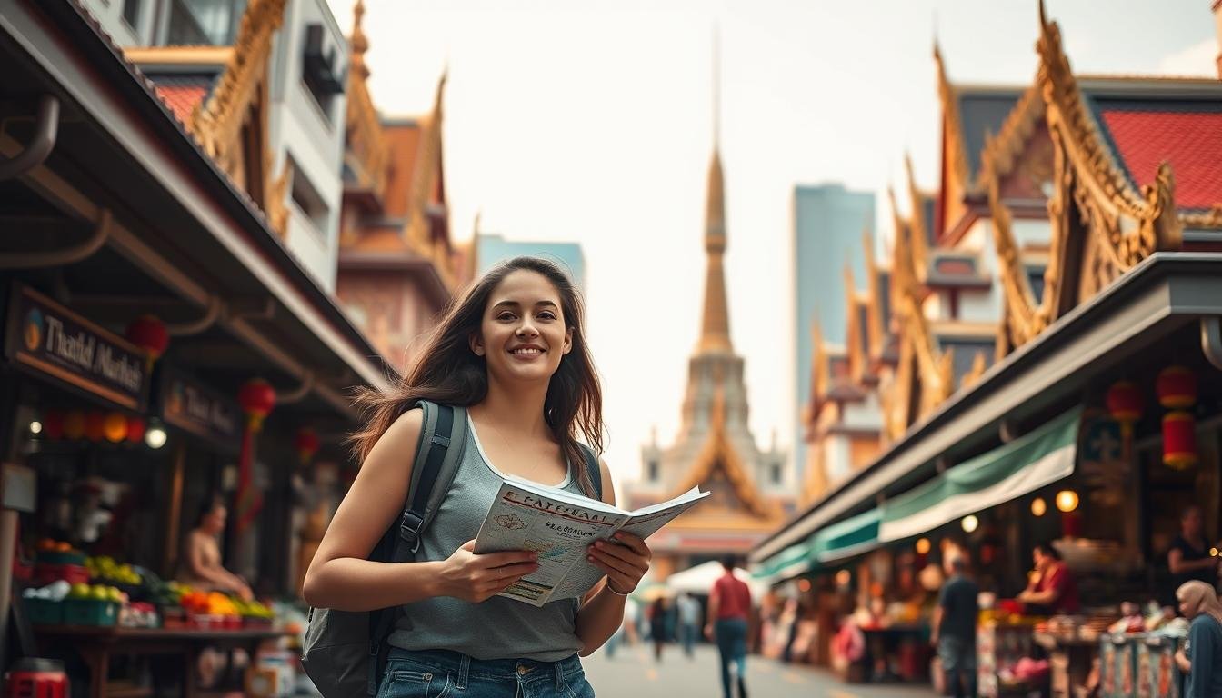 A serene scene of a young female traveler exploring the vibrant streets of Thailand. The foreground features her strolling confidently, holding a map and wearing a backpack, showcasing practical travel attire. The middle ground depicts bustling local markets, with colorful produce, wares, and friendly vendors. In the background, ornate Buddhist temples and skyscrapers create a harmonious blend of ancient and modern architecture. Soft, diffused lighting casts a warm, inviting glow, setting a mood of safety and adventure. The composition emphasizes the traveler's sense of exploration and cultural immersion, conveying the message of a secure and enriching female-centric Thai journey.