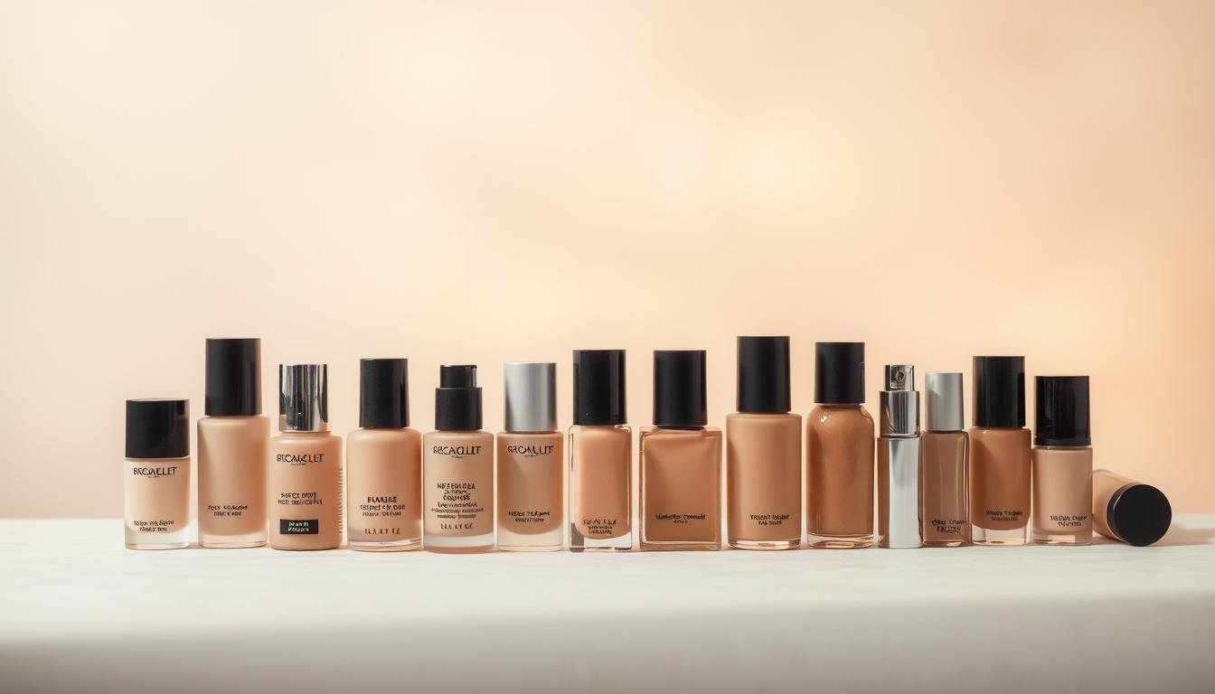 A serene scene of diverse foundation shades against a soft, glowing backdrop. The foreground features an array of makeup bottles in a range of skin-toned hues, artfully arranged to showcase their nuanced undertones. The middle ground depicts a tranquil, diffused lighting that casts a warm, natural glow, accentuating the depth and subtlety of the colors. In the background, a hazy, atmospheric setting evokes a sense of comfort and refinement, inviting the viewer to explore the harmony between complexion and cosmetic selection. The overall composition conveys a sense of thoughtful curation, guiding the audience towards an informed, personalized approach to makeup matching.