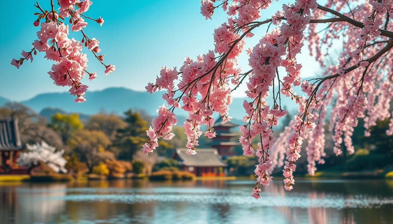 A serene spring landscape in Japan, with a magnificent display of delicate pink sakura blossoms in full bloom, gently cascading down the branches. The foreground features a tranquil pond, its surface reflecting the ethereal floral display. In the middle ground, lush green foliage and traditional Japanese architecture, such as a pagoda or shrine, create a harmonious and authentic atmosphere. The background is filled with rolling hills and a hazy blue sky, creating a sense of depth and vastness. The lighting is soft and diffused, casting a warm, golden glow over the entire scene, evoking a mood of peaceful contemplation and natural beauty. A serene spring landscape in Japan, with a magnificent display of delicate pink sakura blossoms in full bloom, gently cascading down the branches. The foreground features a tranquil pond, its surface reflecting the ethereal floral display. In the middle ground, lush green foliage and traditional Japanese architecture, such as a pagoda or shrine, create a harmonious and authentic atmosphere. The background is filled with rolling hills and a hazy blue sky, creating a sense of depth and vastness. The lighting is soft and diffused, casting a warm, golden glow over the entire scene, evoking a mood of peaceful contemplation and natural beauty.