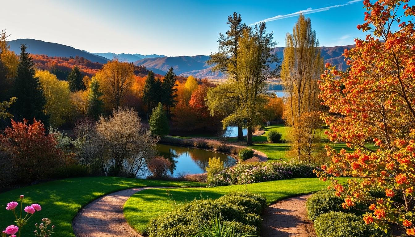 A serene springtime landscape with lush green foliage, vibrant blossoms, and a gentle breeze. In the foreground, a winding path leads through a picturesque garden, inviting the viewer to explore. The middle ground features a tranquil pond reflecting the azure sky, surrounded by tall trees in various shades of green. In the background, rolling hills and distant mountains create a sense of depth and tranquility. Soft, warm lighting filters through the scene, casting a golden glow and highlighting the natural beauty of the environment. The overall atmosphere conveys a feeling of rejuvenation and the joy of outdoor exploration during the spring season. A serene autumnal landscape with a rich tapestry of colors. In the foreground, a meandering trail winds through a forest of trees, their leaves ablaze in shades of red, orange, and yellow. The middle ground showcases a picturesque lake, its calm surface mirroring the vibrant foliage surrounding it. In the background, rolling hills and distant mountains create a