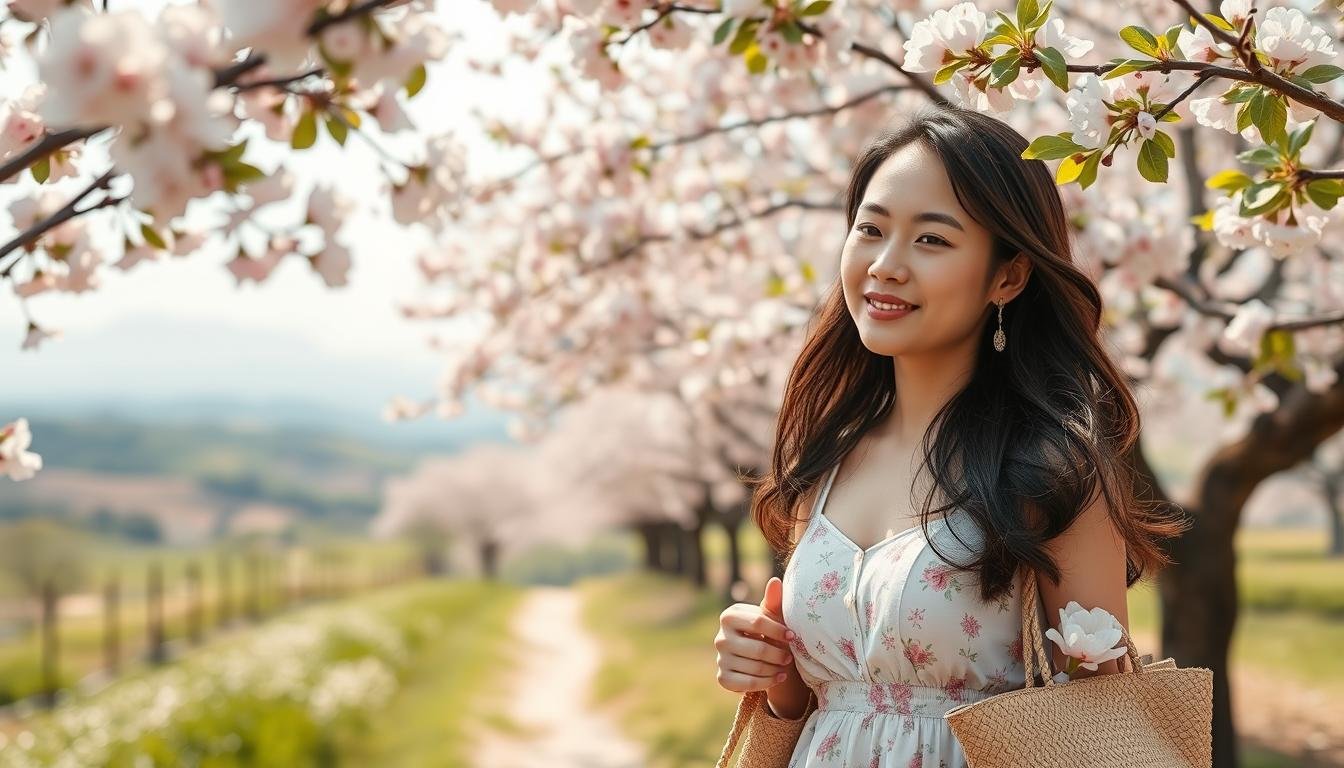 A serene springtime scene showcasing the beauty of seasonal fashion and skincare. In the foreground, a young woman strolls through a lush, pink-blossomed cherry orchard, dressed in a delicate pastel floral dress and carrying a straw tote. Her glowing complexion is accentuated by natural lighting and soft, diffused shadows. In the middle ground, the trees sway gently in a warm breeze, petals drifting through the air. The background reveals a panoramic view of rolling hills and a distant, hazy mountain range. The overall mood is one of tranquility, elegance, and a celebration of the rejuvenating power of spring.