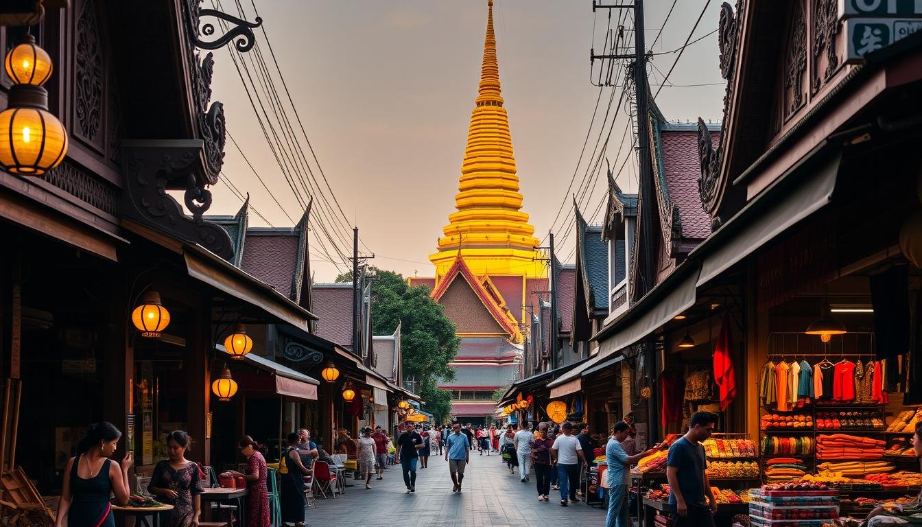 A serene street in Chiang Mai, Northern Thailand, lined with intricate temple architecture, ornate lanterns, and colorful textiles. In the foreground, locals engage in traditional Thai crafts and cuisine, the air filled with the aroma of spices and incense. The middle ground features a vibrant market bustling with activity, shopkeepers and artisans showcasing their wares. In the background, a towering golden stupa rises above the scene, bathed in warm, diffused lighting that creates a tranquil, ethereal atmosphere. The overall composition captures the rich cultural heritage and vibrant daily life of Chiang Mai, inviting the viewer to immerse themselves in the unique sights, sounds, and flavors of this captivating city. A serene street in Chiang Mai, Northern Thailand, lined with intricate temple architecture, ornate lanterns, and colorful textiles. In the foreground, locals engage in traditional Thai crafts and cuisine, the air filled with the aroma of spices and incense. The middle ground features a vibrant market bustling with activity, shopkeepers and artisans showcasing their wares. In the background, a towering golden stupa rises above the scene, bathed in warm, diffused lighting that creates a tranquil, ethereal atmosphere. The overall composition captures the rich cultural heritage and vibrant daily life of Chiang Mai, inviting the viewer to immerse themselves in the unique sights, sounds, and flavors of this captivating city.