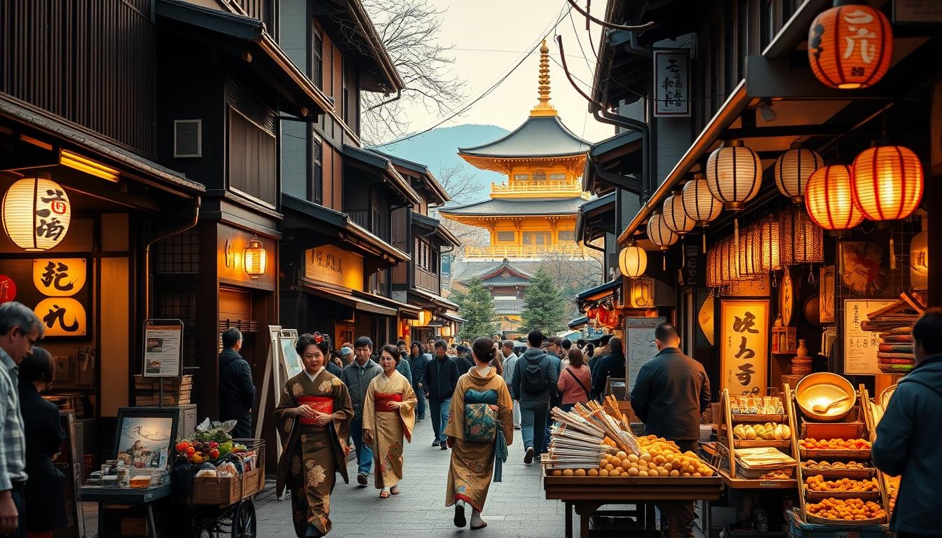 A serene street in the historic district of Kyoto, with traditional wooden machiya townhouses lining the narrow lane. Warm, mellow light filters through the overhanging eaves, casting a golden glow on the scene. In the foreground, a local vendor pushes a cart brimming with fresh, seasonal produce. In the middle ground, a pair of geisha in vibrant kimono stroll past ancient stone lanterns. The background reveals the iconic Kinkakuji Temple, its gilded pavilion reflected in a tranquil pond. The atmosphere is one of timeless elegance and authentic cultural immersion. A bustling market in Osaka's Namba district, where crowds jostle past stalls overflowing with sizzling takoyaki, fluffy okonomiyaki, and other iconic Japanese street foods. Neon signs and lanterns illuminate the lively scene, creating a vibrant, energetic mood. In the foreground, a skilled chef deftly prepares kushikatsu, crispy fried skewers, while patrons eagerly await their order. In the middle ground, shoppers browse an array of local A serene street in the historic district of Kyoto, with traditional wooden machiya townhouses lining the narrow lane. Warm, mellow light filters through the overhanging eaves, casting a golden glow on the scene. In the foreground, a local vendor pushes a cart brimming with fresh, seasonal produce. In the middle ground, a pair of geisha in vibrant kimono stroll past ancient stone lanterns. The background reveals the iconic Kinkakuji Temple, its gilded pavilion reflected in a tranquil pond. The atmosphere is one of timeless elegance and authentic cultural immersion. A bustling market in Osaka's Namba district, where crowds jostle past stalls overflowing with sizzling takoyaki, fluffy okonomiyaki, and other iconic Japanese street foods. Neon signs and lanterns illuminate the lively scene, creating a vibrant, energetic mood. In the foreground, a skilled chef deftly prepares kushikatsu, crispy fried skewers, while patrons eagerly await their order. In the middle ground, shoppers browse an array of local