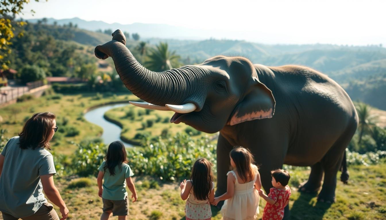 A serene, sun-dappled scene in Chiang Mai's vibrant animal sanctuary. In the foreground, a family of four playfully interacts with a gentle Asian elephant, its trunk curiously reaching out. The middle ground reveals an immersive enclosure, designed to mimic the elephant's natural habitat, with lush foliage and a winding river. In the background, rolling hills and a cloudless sky create a tranquil, picturesque backdrop. Soft, warm lighting bathes the entire composition, infusing it with a sense of wonder and connection between humans and the majestic creatures. The overall mood is one of joy, curiosity, and a deep appreciation for the natural world. A serene, sun-dappled scene in Chiang Mai's vibrant animal sanctuary. In the foreground, a family of four playfully interacts with a gentle Asian elephant, its trunk curiously reaching out. The middle ground reveals an immersive enclosure, designed to mimic the elephant's natural habitat, with lush foliage and a winding river. In the background, rolling hills and a cloudless sky create a tranquil, picturesque backdrop. Soft, warm lighting bathes the entire composition, infusing it with a sense of wonder and connection between humans and the majestic creatures. The overall mood is one of joy, curiosity, and a deep appreciation for the natural world.