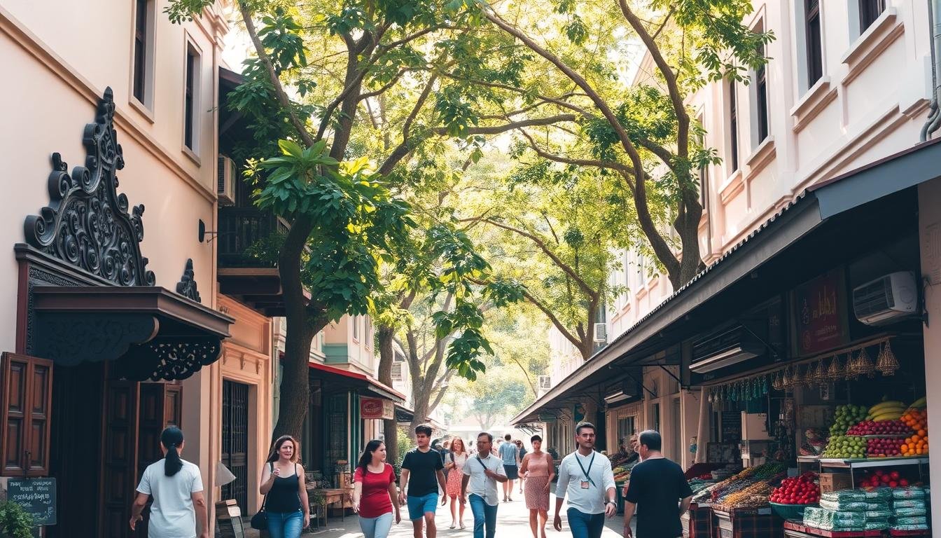 A serene, sun-dappled street in the heart of Chiang Mai, Thailand. Quaint, pastel-hued buildings line the sidewalks, their facades adorned with intricate woodcarvings and traditional Thai architectural elements. In the foreground, a group of locals and tourists stroll leisurely, taking in the lively atmosphere. The middle ground features vibrant produce stalls, their colorful wares spilling out onto the walkway. Overhead, a canopy of lush, tropical foliage filters the warm, golden light. The scene conveys a sense of timeless tranquility, capturing the essence of Chiang Mai's charming, laid-back vibe and the essential travel tips for visitors to this enchanting destination. A serene, sun-dappled street in the heart of Chiang Mai, Thailand. Quaint, pastel-hued buildings line the sidewalks, their facades adorned with intricate woodcarvings and traditional Thai architectural elements. In the foreground, a group of locals and tourists stroll leisurely, taking in the lively atmosphere. The middle ground features vibrant produce stalls, their colorful wares spilling out onto the walkway. Overhead, a canopy of lush, tropical foliage filters the warm, golden light. The scene conveys a sense of timeless tranquility, capturing the essence of Chiang Mai's charming, laid-back vibe and the essential travel tips for visitors to this enchanting destination.