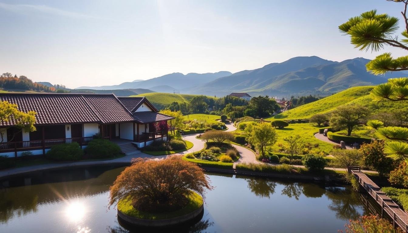 A serene, sun-drenched vista of a traditional Jeju Island resort nestled amidst lush, rolling hills. In the foreground, a tranquil pond reflects the picturesque architecture, its tiled roofs and whitewashed walls complemented by vibrant foliage. The middle ground features a winding path leading guests through the well-manicured gardens, inviting exploration. In the distance, the silhouettes of volcanic peaks rise, creating a dramatic backdrop. Soft, warm lighting bathes the scene, evoking a sense of peaceful retreat. The overall composition captures the essence of Jeju's natural beauty and the comfortable, authentic accommodations awaiting travelers.