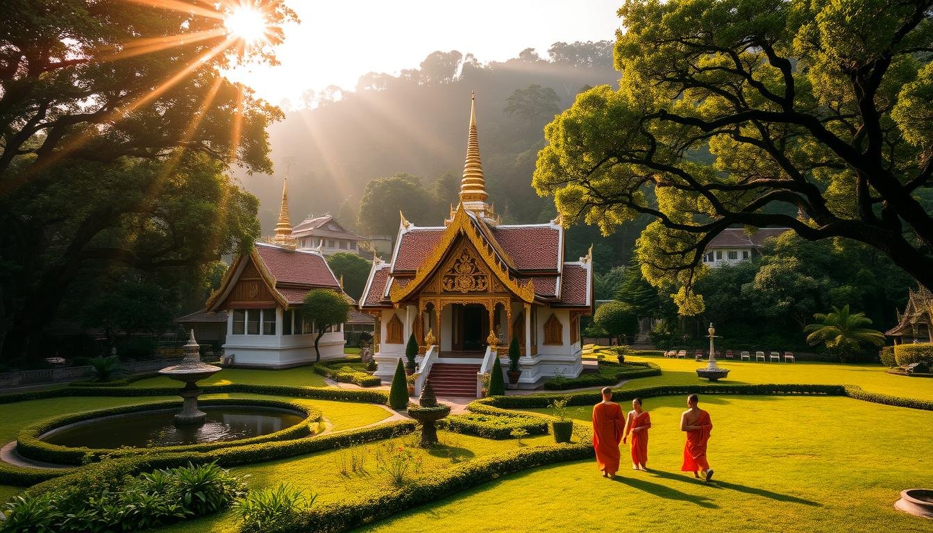 A serene temple complex nestled in the lush hills of Chiang Mai, Thailand. Ornate golden spires and intricate carvings adorn the main shrine, surrounded by verdant gardens and tranquil ponds. Monks in saffron robes move gracefully through the peaceful atmosphere, as beams of warm sunlight filter through the canopy of ancient trees. The scene captures the essence of Chiang Mai's rich cultural heritage, inviting visitors to immerse themselves in the timeless traditions and spiritual essence of this captivating destination.