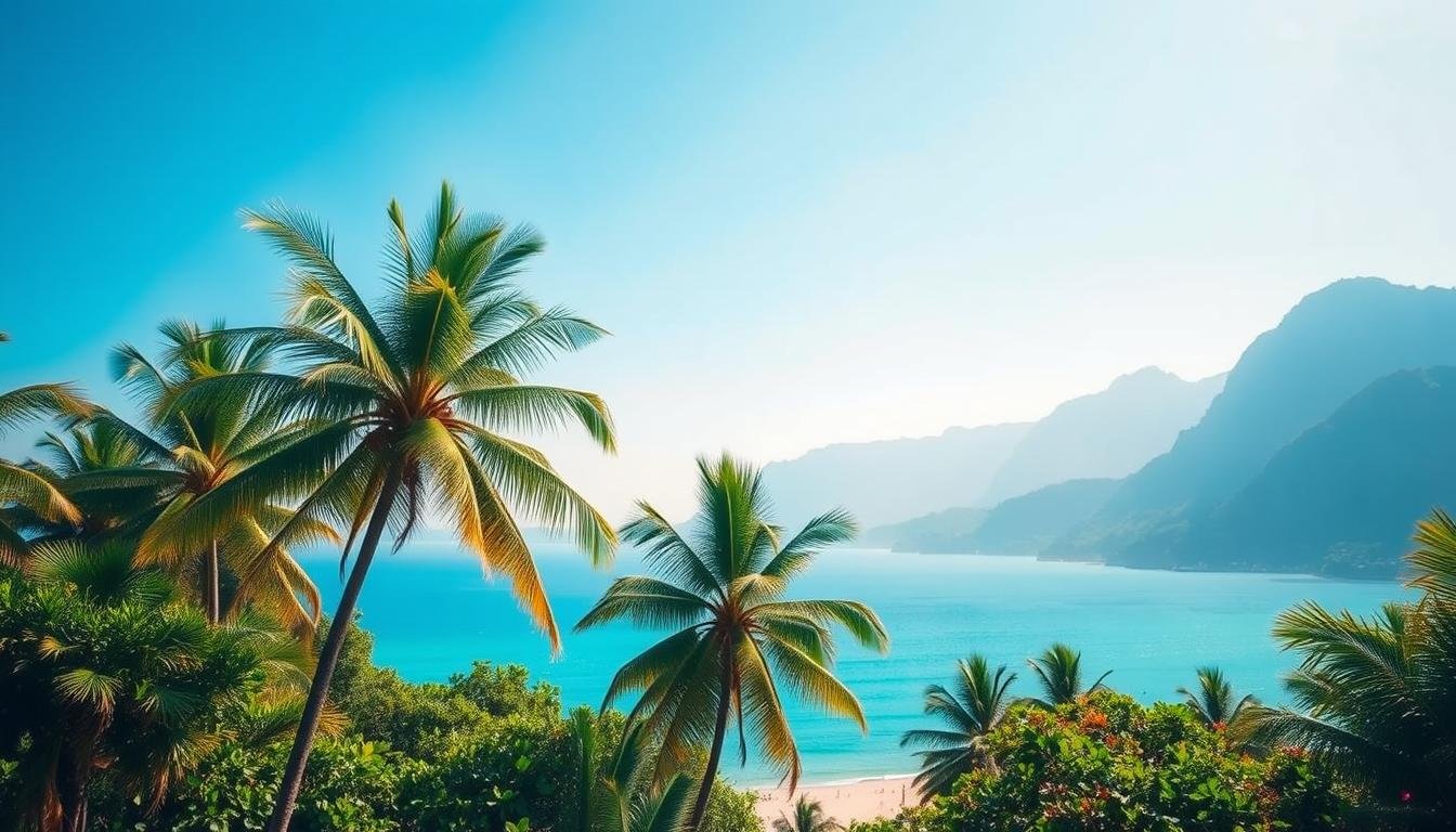 A serene tropical landscape with lush palm trees and vibrant foliage in the foreground, complemented by a sun-drenched beach and turquoise waters in the middle ground. In the background, a towering mountain range casts a soft, hazy silhouette against a clear azure sky. The scene is bathed in warm, diffused natural lighting, creating a tranquil and inviting atmosphere. Key elements to consider when traveling in Thailand, such as sun protection, insect repellent, and proper attire, are subtly integrated into the composition, blending seamlessly with the serene ambiance.