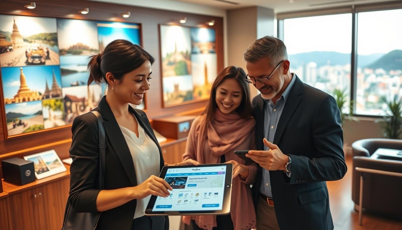 A serene, well-appointed travel agency office, bathed in warm lighting. In the foreground, a smiling travel consultant assists a couple, guiding them through personalized travel options and itinerary customization on a sleek tablet. The middle ground showcases a display wall featuring vibrant photographs of Thai landmarks and activities. The background reveals a panoramic window overlooking a picturesque cityscape, hinting at the wonders of the destinations. The overall atmosphere exudes professionalism, attention to detail, and a personalized travel experience tailored to the client's preferences. A serene, well-appointed travel agency office, bathed in warm lighting. In the foreground, a smiling travel consultant assists a couple, guiding them through personalized travel options and itinerary customization on a sleek tablet. The middle ground showcases a display wall featuring vibrant photographs of Thai landmarks and activities. The background reveals a panoramic window overlooking a picturesque cityscape, hinting at the wonders of the destinations. The overall atmosphere exudes professionalism, attention to detail, and a personalized travel experience tailored to the client's preferences.