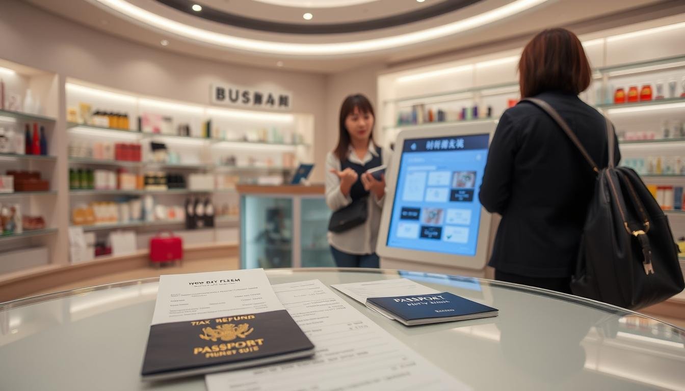 A serene, well-lit interior of a Busan duty-free shop, showcasing a step-by-step visual guide to the tax refund process. In the foreground, a meticulous display of duty-free receipts, tax refund forms, and a passport. In the middle ground, a helpful shop assistant explains the procedure to a tourist, gesturing towards a kiosk displaying the refund workflow. The background features orderly shelves stocked with various cosmetic and beauty products, creating an atmosphere of efficient shopping and seamless tax refund experience. Soft, diffused lighting and muted colors convey a sense of professionalism and reliability.