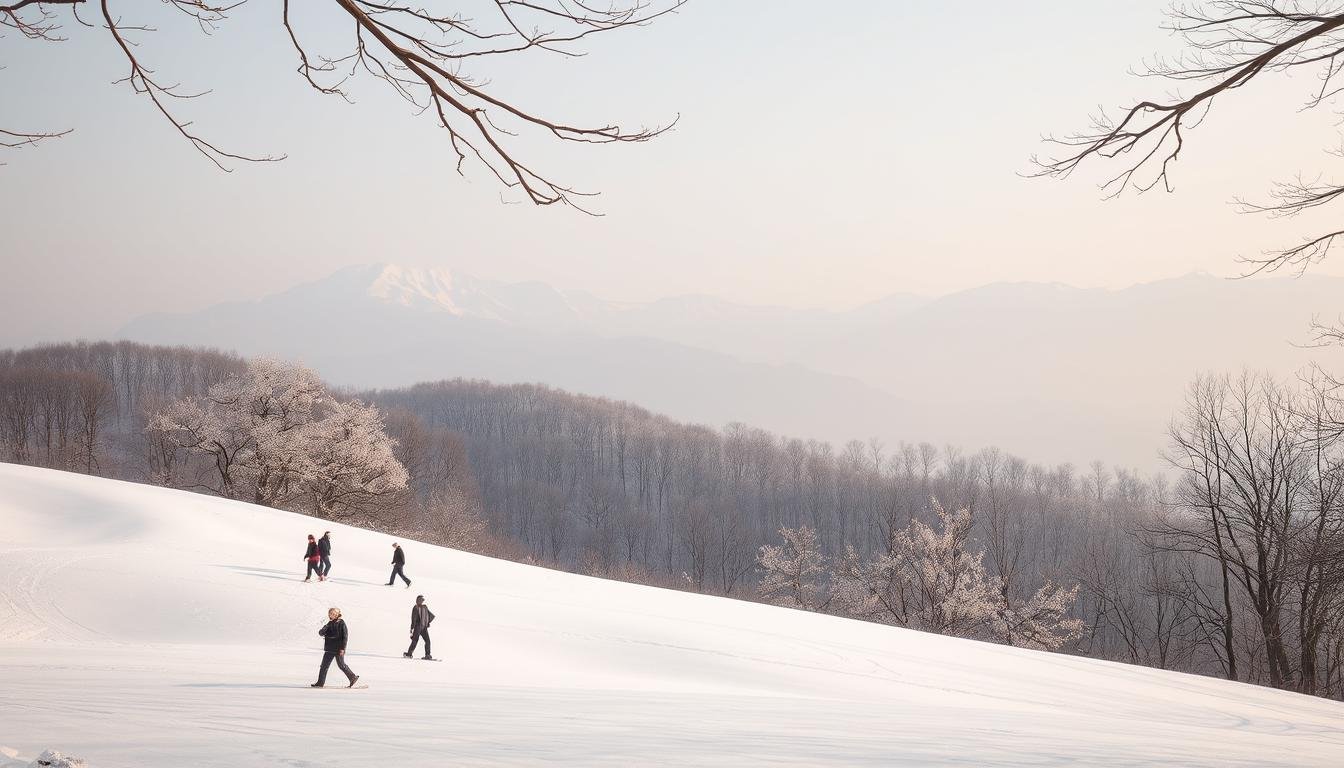 A serene winter landscape in South Korea, bathed in soft, diffused light. In the foreground, a group of people gracefully glide across a snow-covered slope, their movements mirroring the gentle curves of the terrain. The middle ground reveals a tranquil forest, its bare branches adorned with delicate cherry blossoms, hinting at the arrival of spring. In the distance, majestic mountains rise, their peaks capped with pristine snow, creating a picturesque backdrop. The scene exudes a sense of tranquility and balance, inviting the viewer to immerse themselves in the harmony of the natural world.