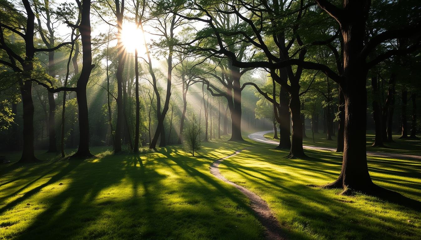A serene woodland scene at dawn, with sunlight filtering through the canopy of lush, verdant trees. The trunks and branches cast long, intricate shadows across the forest floor, creating a mesmerizing play of light and shadow. The air is crisp and fresh, with a hint of morning mist lingering. In the distance, a winding path invites the viewer to explore this peaceful, tranquil oasis. The overall composition evokes a sense of calm contemplation, perfectly suited to illustrate a section about the flexibility of travel options in a Korea tour itinerary.