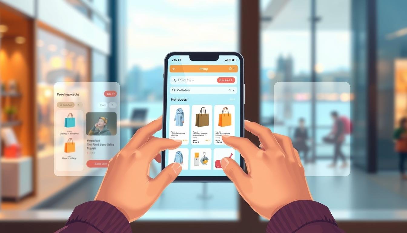 A series of digital illustrations depicting the step-by-step process of online shopping on a modern e-commerce platform. Bright and clean interface with minimal UI elements. Foreground shows a user's hands interacting with a responsive touchscreen device, navigating through product listings, selecting items, and proceeding to checkout. Middle ground showcases a visually appealing product display with high-quality product images and informative details. Background features a blurred cityscape of Busan, South Korea, to set the cultural context. Realistic lighting and shadows, with a warm, inviting atmosphere to convey the enjoyment and convenience of online shopping.