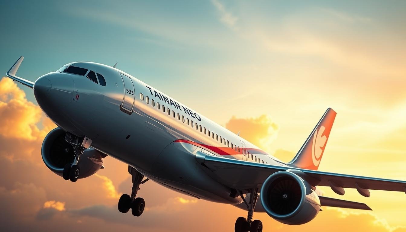 A sleek Airbus A321neo aircraft gracefully ascending against a vibrant sky, its wings gently slicing through the air. The fuselage gleams with a fresh coat of Taiwan's national airline's signature livery, capturing the essence of modernity and technological advancement. In the foreground, the aircraft's powerful engines roar to life, propelling it forward with precision and efficiency. The perspective is from a low angle, emphasizing the sheer scale and power of this upgraded narrowbody jet. The background is a soft, diffused blur of clouds, lending a sense of motion and the aircraft's effortless climb. Warm, golden hues bathe the scene, conveying a mood of optimism and progress as this A321neo ushers in a new era of air travel for Taiwan.